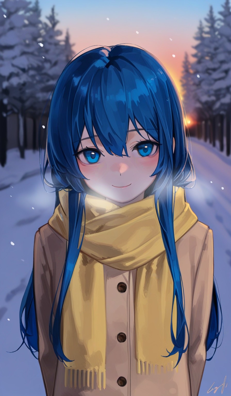<lora:YoonYorry-Style:1.2>,(upper body:1.3),1girl,scarf,solo,blue hair,outdoors,smile,coat,bangs,long hair,yellow scarf,hair between eyes,blue eyes,looking at viewer,closed mouth,winter,blurry,snow,arms behind back,tree,snowing,buttons,signature,blush,blurry background,road,street,sunset,