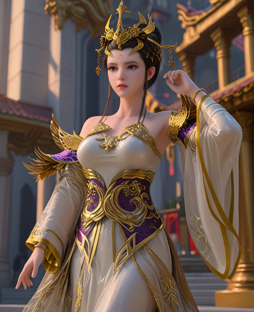 (oriental architecture, elegant decor, sophisticated style:1.1),(Standing with one foot on a step, looking ahead,:1.1),(breasts:1.2),<lora:XL雪鹰领主墨阳琦:0.95>,miss moyangqi,white dress,gold trim,hair ornament,forehead mark,hair bun,earlock,black hair,mesh sleeves,green eyes,sash,see-through overskirt,bracelet,, score_9,score_8_up,score_7_up,score_6_up,score_5_up,score_4_up,3d rendering,tag1,tag2, Cinematic Lighting,backlighting,