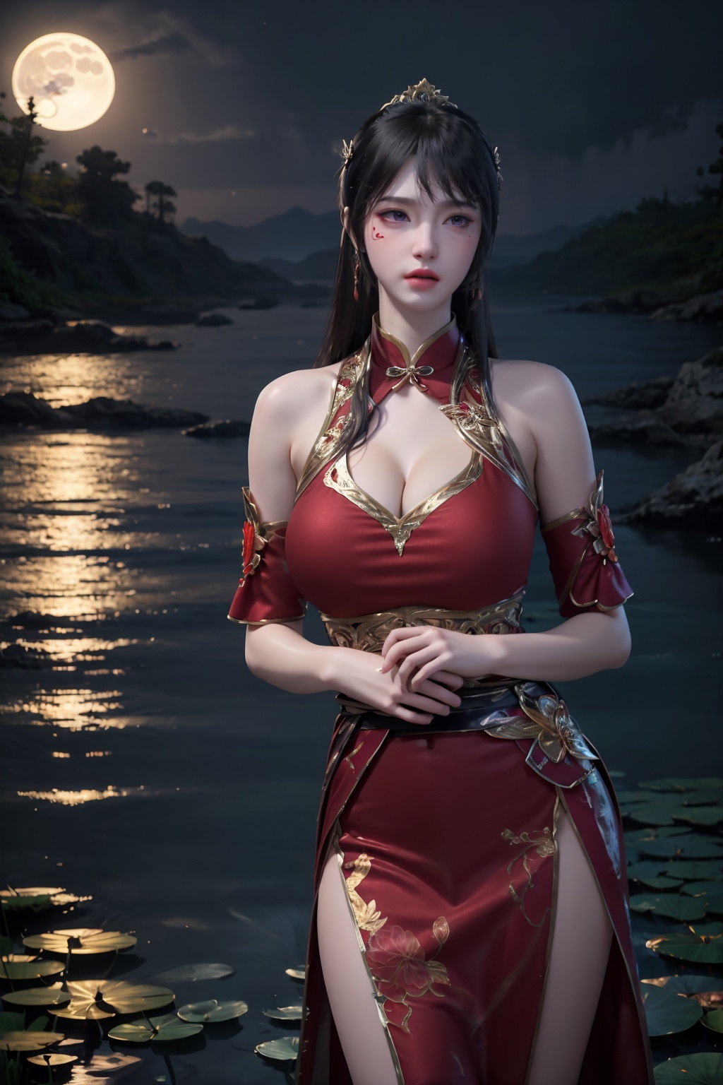 standing,dress,chinese clothes,flower,full_moon,moon,night,lily_pad,lotus,moonlight,water,night_sky,lily_\(flower\),sky,partially_submerged,1girl,solo,hair ornament,long hair,realistic,nail polish,photo_\(medium\),(breasts, medium_breasts, cleavage),makeup,(8k, RAW photo, best quality, masterpiece:1.2),(realistic, photorealistic:1.3),ultra-detailed,extremely detailed cg 8k wallpaper,(crystalstexture skin:1.2),extremely delicate and beautiful,