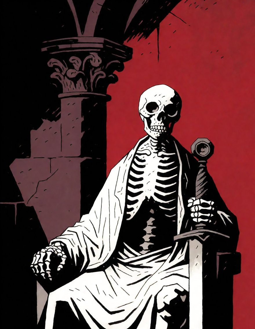 MignolaStyle,  a white skeleton,  sitting on a throne on Tensor.Art