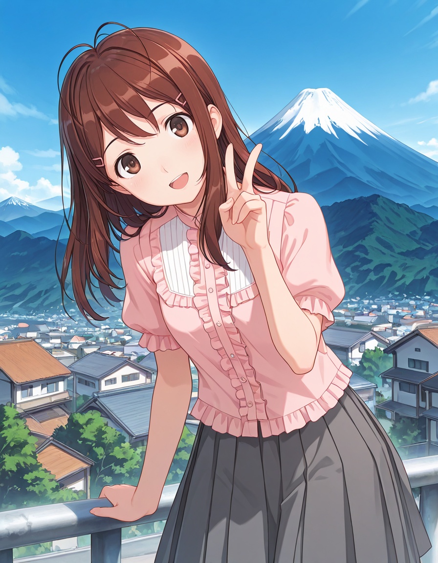 masterpiece, best quality, amazing quality, detailed background,1girl, solo, outdoors, v, mount fuji in background, mountainous horizon, blue sky, head tilt, open mouth, looking at viewer, smile, buildings,<lora:yuumi_hoshino-kimikiss_pure_rouge_s1-ixl-anime-soralz:1>, yuumi hoshino (kimikiss pure rouge), long hair, antenna hair, hairclip, sidelocks, brown eyes,pink blouse, center frills, short sleeves, puffy sleeves, grey pleated skirt