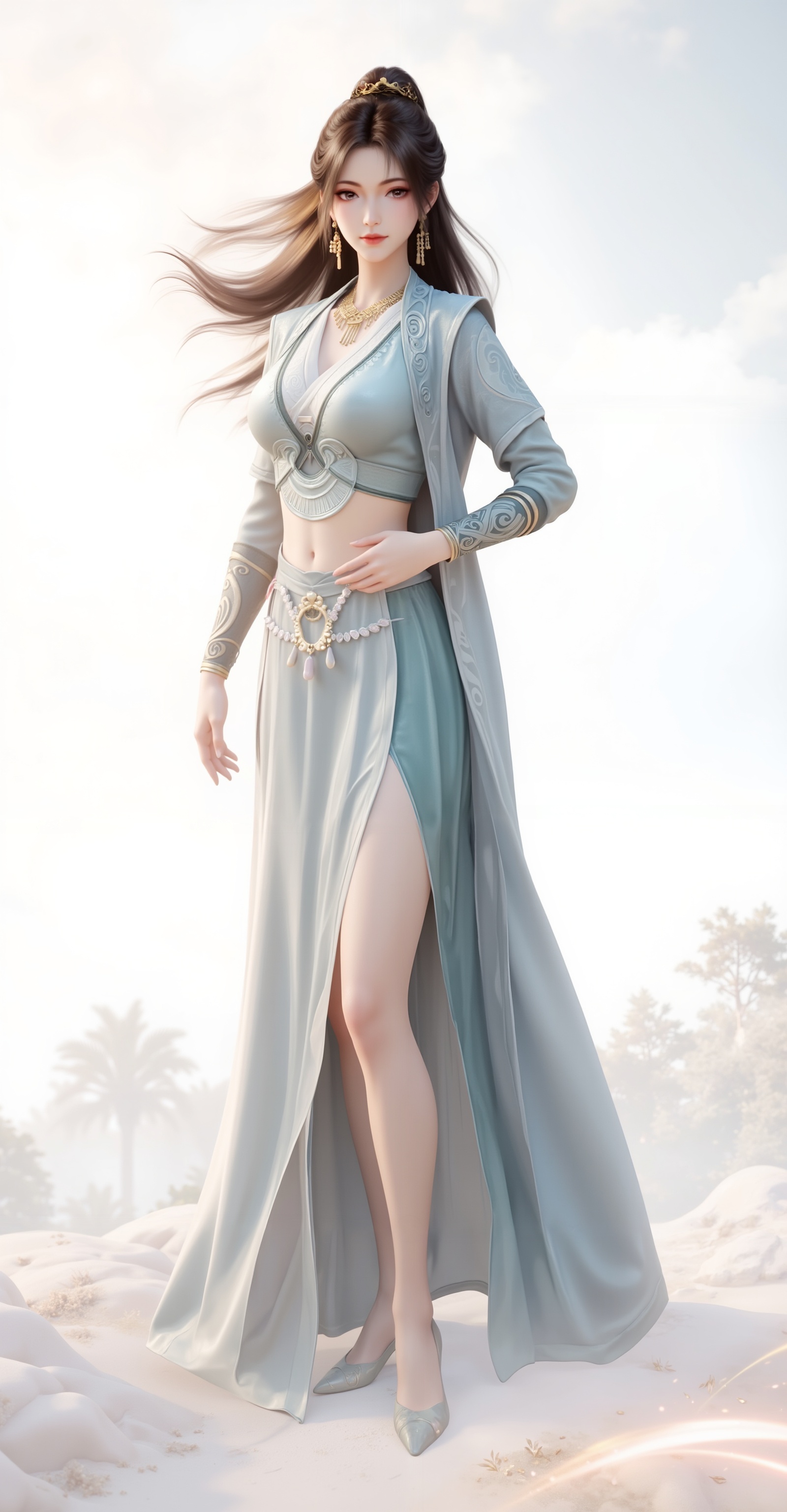 <lora:慕沛灵·6:1.1>,mupeiling,1girl,solo,jewelry,earrings,brown hair,skirt,ponytail,long hair,full body,white_background,cover,gradient background,close-up details,outstanding style,adding a touch of dimension to your images without compromising details,close-up,<lora:DJ滤镜_2.5D版:0.3>,lvjing,<lora:油画唯美滤镜15:0.2>,baoshi,