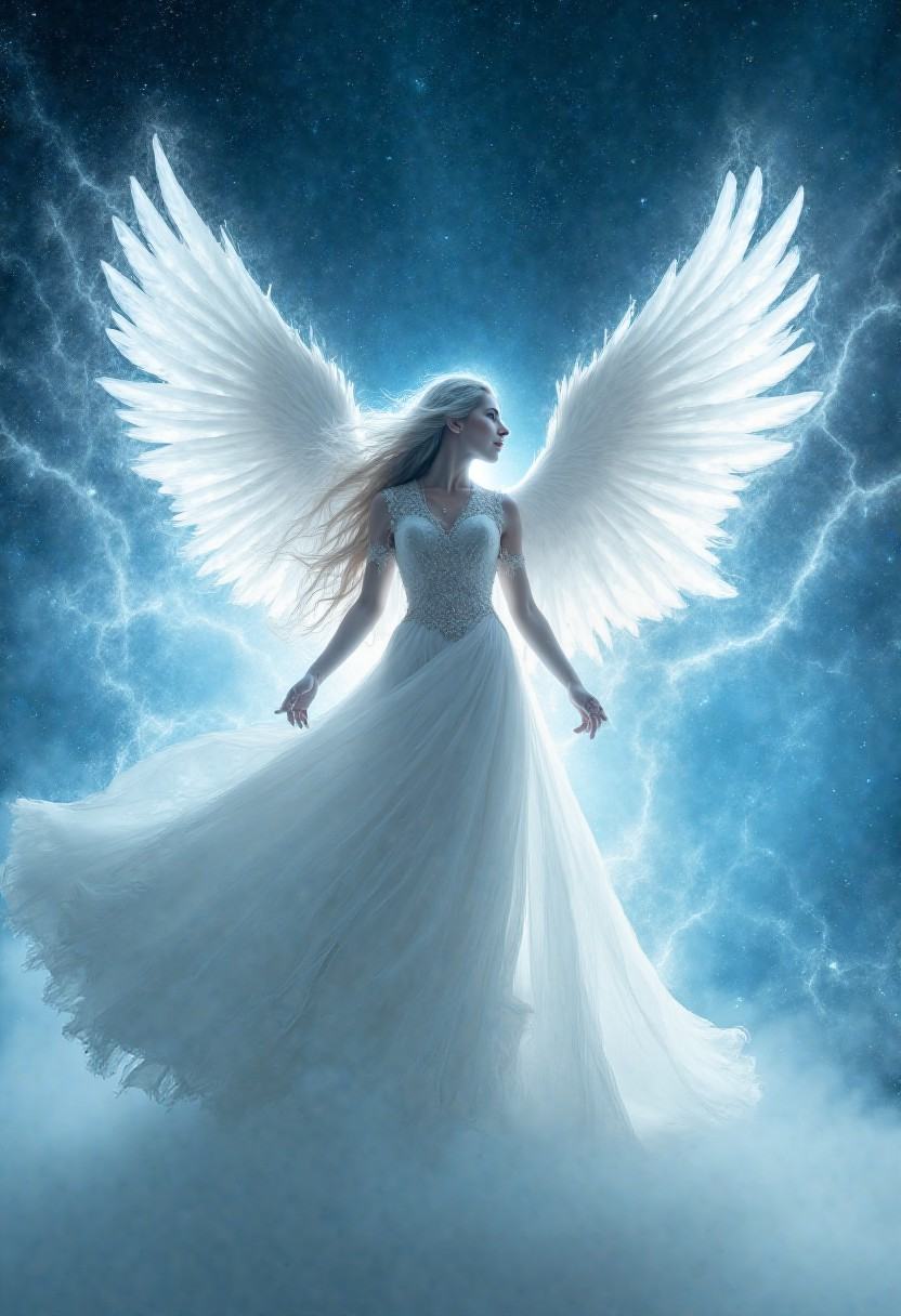 An ethereal white winged warrior Goddess with radiant white hair and sapphire eyes,  standing beneath a sky filled with ce...