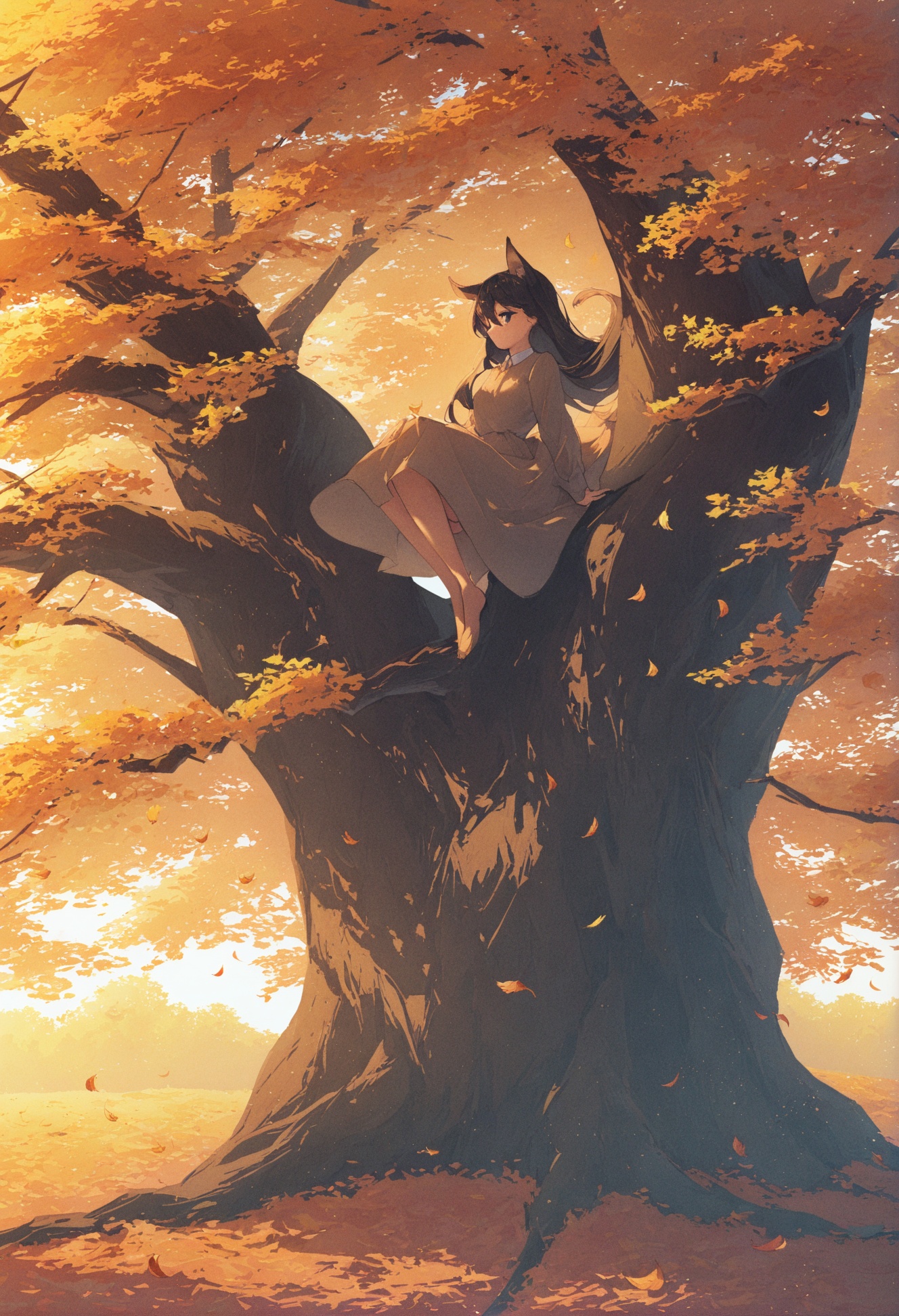 masterpiece, best quality,1girl, tree, solo, autumn leaves, autumn, outdoors, scenery, wide shot, nature, long hair, leaf, orange theme, in tree, day, dress, long sleeves, animal ears, black hair, sitting, brown hair, tail , <lora:potgXLlokr4f-000143:1>