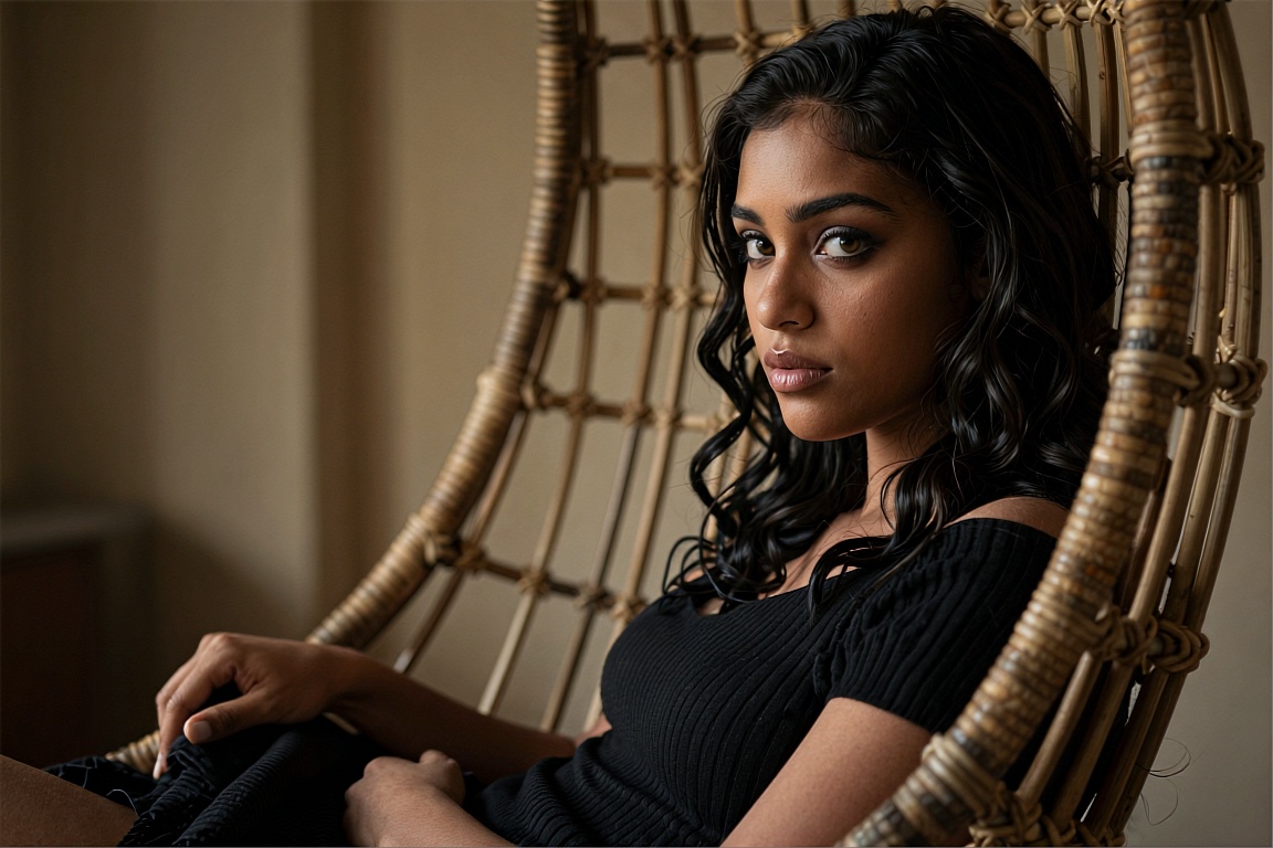 Photorealistic portrait in cinematic studio lighting,  shot on medium format film stock with soft grain texture. A young w...