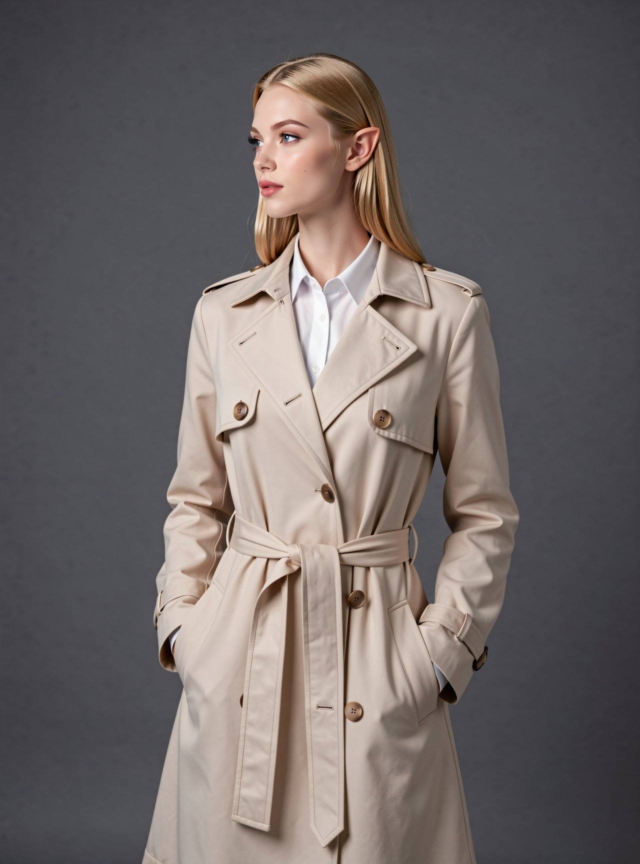 d4n3lfmedium shot,  photo of a young woman,  Cream-colored trench coat tied at the waist on Tensor.Art