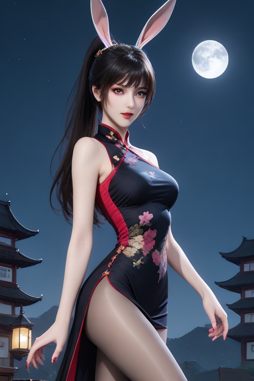 <lora:xiaowu_sl_v8-000012:0.7>,xiaowu_sl,1girl,solo,animal ears,rabbit ears,long hair,(white_skin:1.2),brown hair,black hair,closed mouth,medium breasts,shiny,pale skin,lips,lipstick,big eyes,eyelashes,long eyelashes,makeup,eyeshadow,high ponytail,nail polish,masterpiece,high quality,highres,absurdres,best quality,8K,high-res detailed,cheongsam,black cheongsam,(loose clothes:1.2),skirt,chiffon_skirt,shorts_under_skirt,puffy_shorts,looking at viewer,standing,dynamic pose,seductive smile,night sky,[moon],star \(sky\),chinese style architecture,lantern,<lora:sh-glossy_r2:0.7>,pantyhose,thighband_pantyhose,shiny legwear,high heels,louboutin heels,black heels,red bottom heels,footwear,<lora:Louboutin_Heels__PONY:0.5>,<lora:HandFixer_pdxl_Incrs_v1:0.5>,handfixer,<lora:DetailedEyes_V3:0.5>,