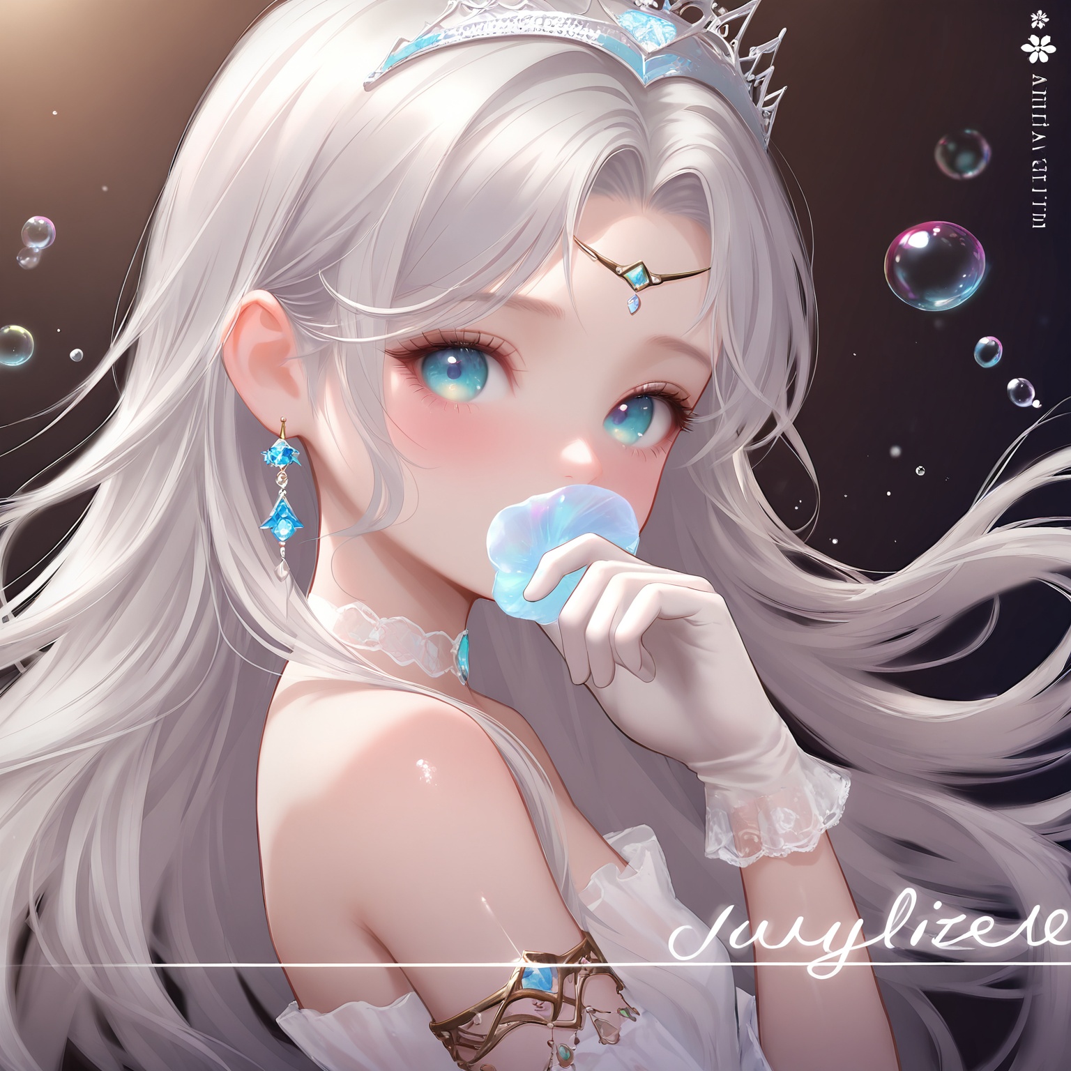 masterpiece,very aware,highres,absurdres,newest,best quality,loli,petite,high quality,chromatic_aberration,cinematic_angle,dutch angle,//,loli,1girl, solo, bubble, looking at viewer, forehead jewel, bare shoulders, jewelry, upper body, water drop, earrings, long hair, covering own mouth, blush, blue eyes, dress, covered mouth, from side, white hair, white choker, eyelashes, circlet, white dress, hand up, air bubble, gem, multicolored eyes, glint, blurry, floating hair, see-through, grey hair, parted bangs, blurry foreground, artist name, holding, aqua eyes, choker, white gloves, character name, english text, looking to the side, depth of field, armlet, detached sleeves, tiara//,official art,depth of field,detailed light,blurry background,best shadow,shiny skin,cinematic lighting,ray tracing,amazing quality,very aesthetic,absurdres,beast quality,ultra detailed,newest,8K,HDR,//,<lora:touxiang——【noob】hans:0.8>,