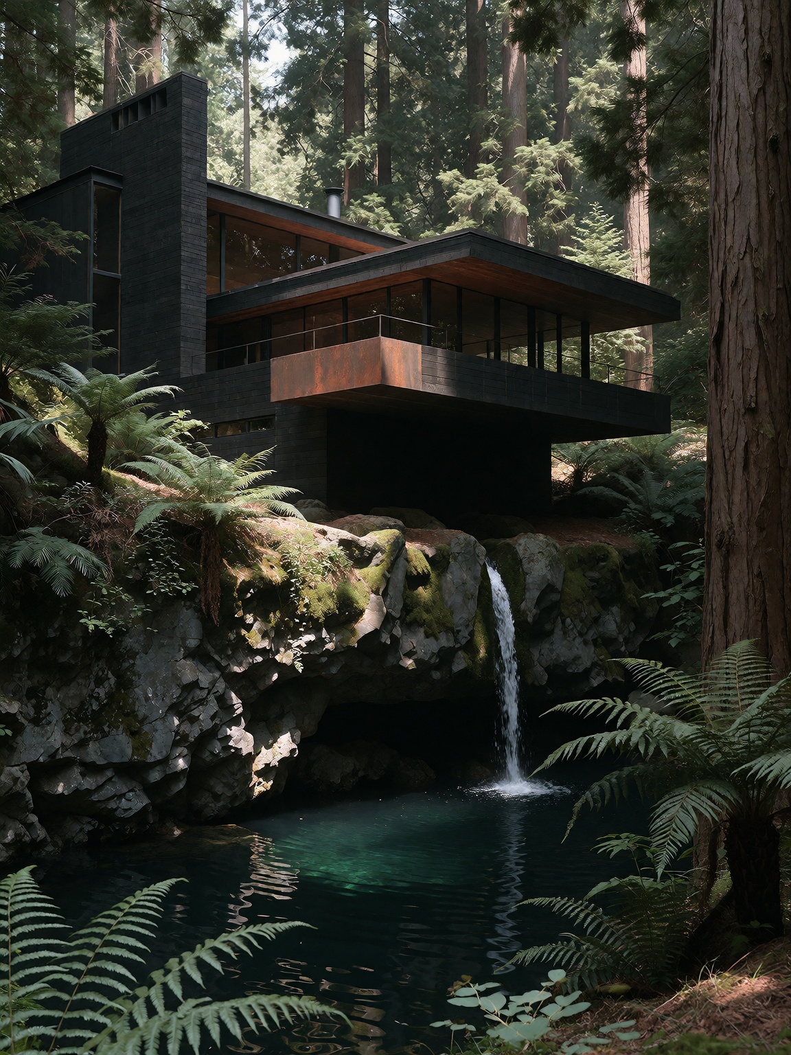 modernist black timber house on a cliff face,  rusted corten steel cantilevered decks over a deep emerald pool,  narrow wa...