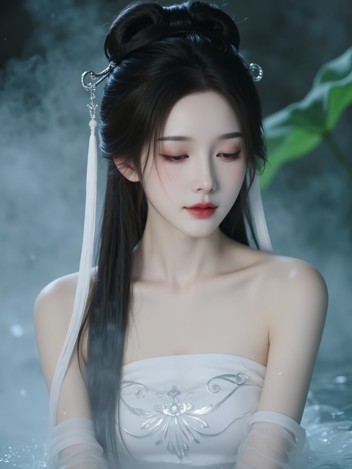 This is a high-resolution photograph featuring a young East Asian woman with a fair complexion and long, straight black hair, styled in two buns adorned with traditional hairpins. She has delicate facial features and is wearing a white, sleeveless traditional Chinese dress with intricate, silver embroidery. Her attire is wet, suggesting she is submerged in water, which is misty and ethereal, creating a dreamlike atmosphere. The dress clings to her body, highlighting her slim physique. She has a serene, almost meditative expression with her eyes closed and lips slightly parted, as if lost in thought or a trance. The background is blurred, with a hint of green and blue hues, possibly from underwater plants or reflections, adding to the mystical ambiance. The overall composition and lighting create a tranquil, otherworldly scene, emphasizing the subject's tranquility and connection with nature.<lora:YY-小青和小白F.1v2:1>,