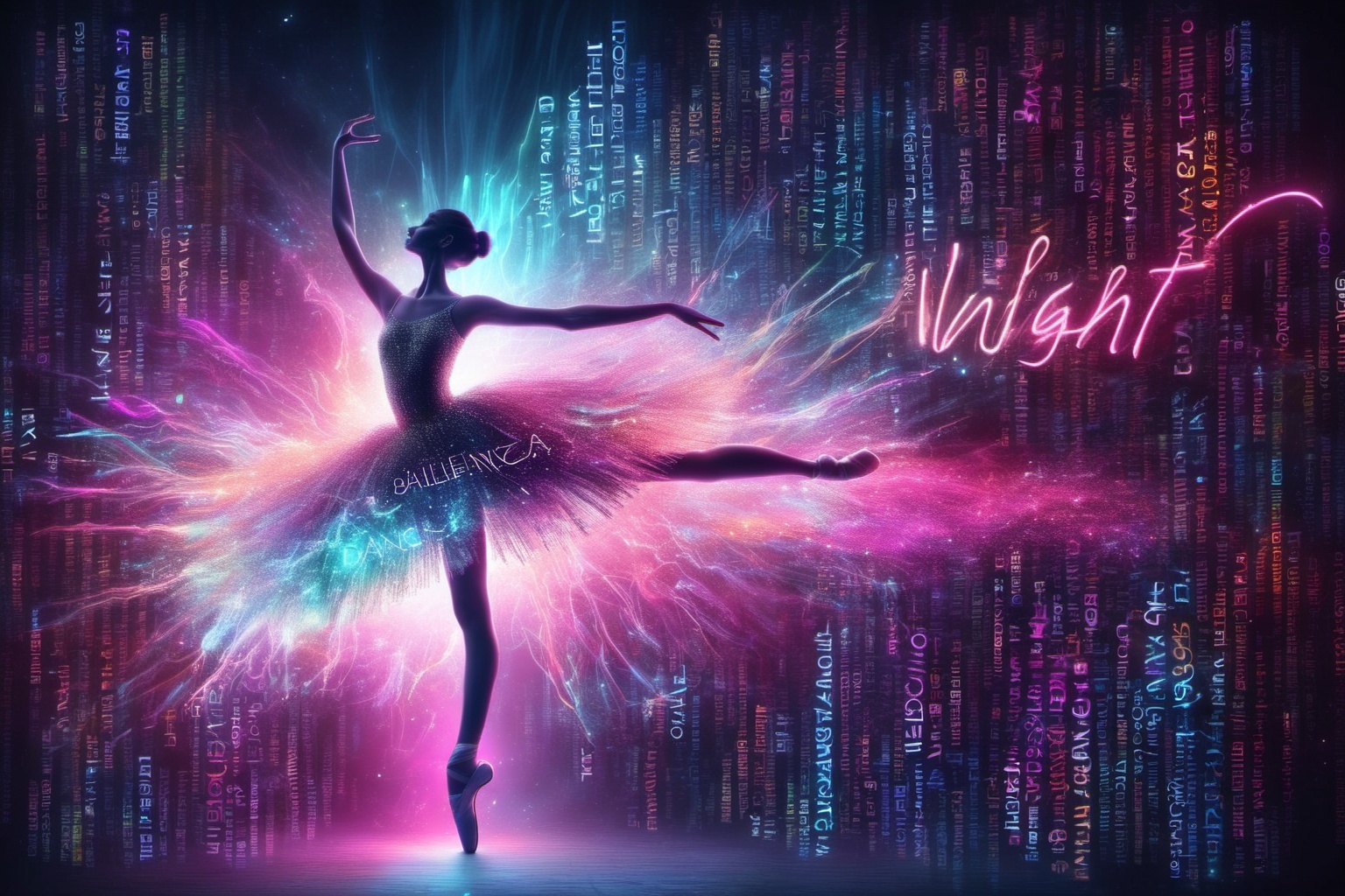 a hyper abstract view of a ballerina dancing the many words neon night way,  much neon color words text cloud,  the cloud...