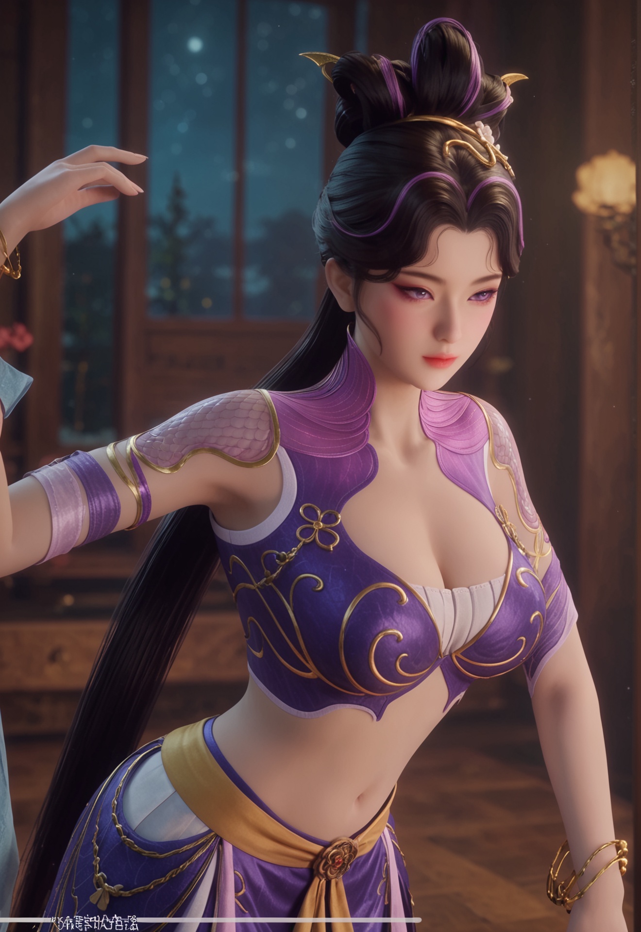 score_9,<lora:付馨予:0.8>,1girl,navel,black hair,purple eyes,midriff,hair ornament,jewelry,skirt,hair bun,long hair,bracelet,solo focus,medi,indoors,starry sky,(cleavage:1.5),breasts,(large_breasts:0.8),