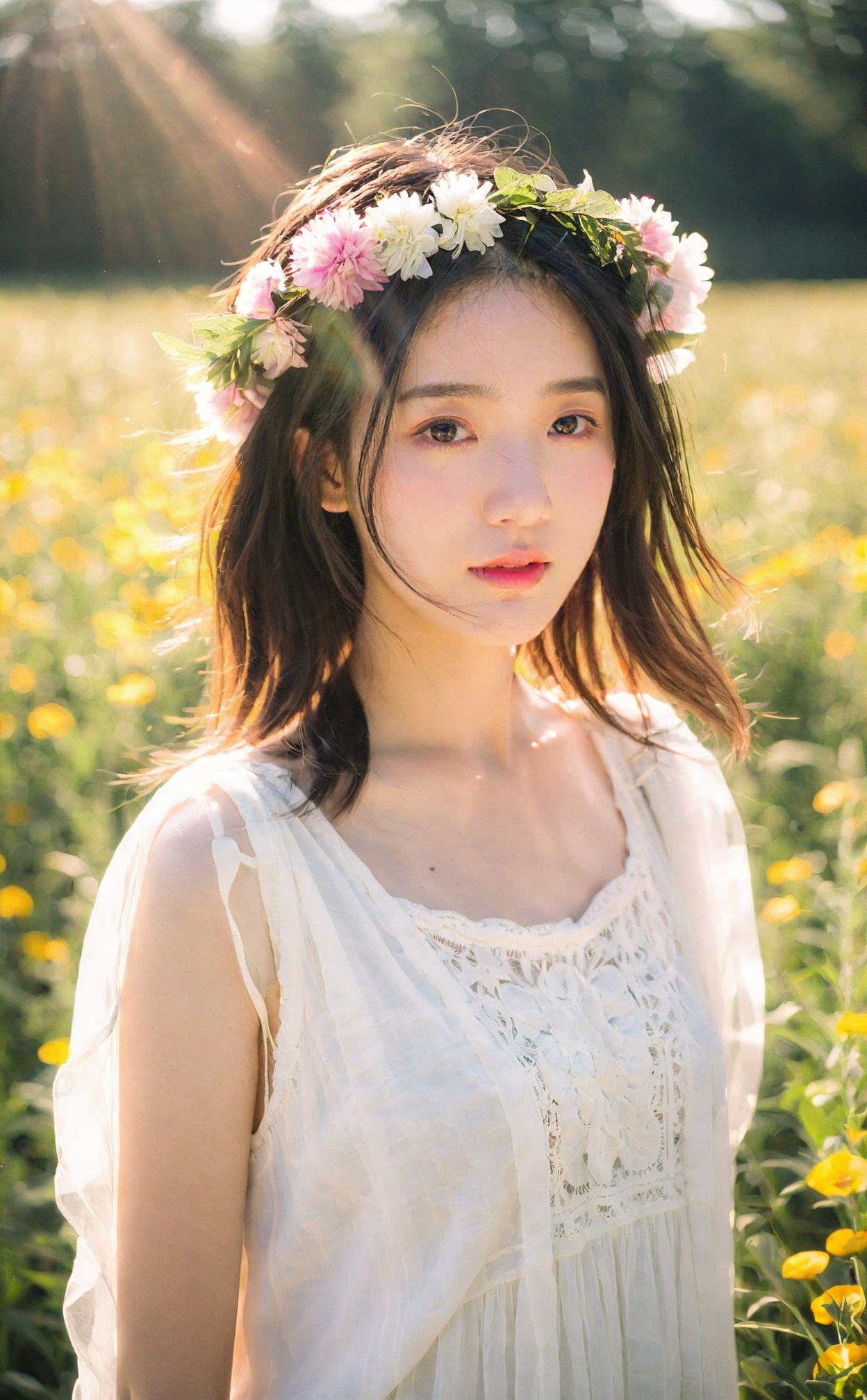 mugglelight, a girl with a flower crown, standing in a sunlit meadow, the warm rays creating a halo of light around her, floral serenity, natural beauty.korean girl,black hair,