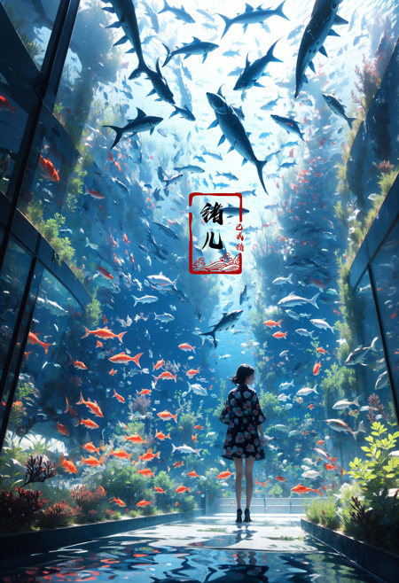 fluorescent Red theme, fish, aquarium,  solo,1girl, scenery, water，<lora:绪儿-海底世界Underwater world:0.8>