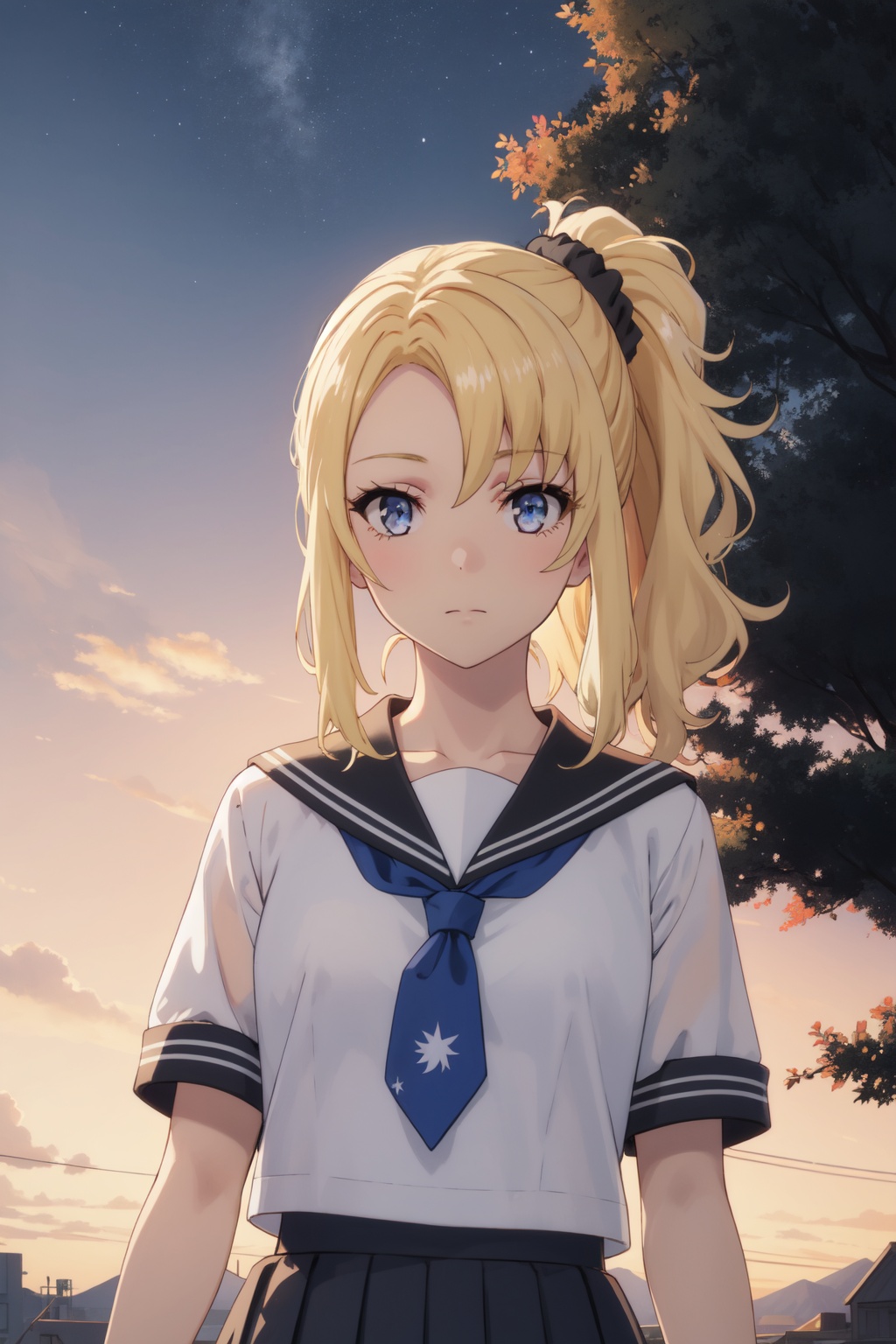 <lora:Nodoka:0.8>,Nodoka CYQL,1girl,looking at viewer,solo,blonde_hair,ponytail,bangs,long_hair,black_scrunchie,hair_ornament,hair_scrunchie,scrunchie,blue_eyes,school_uniform,skirt,serafuku,necktie,pleated_skirt,sailor_collar,shirt,short_sleeves,white_shirt,black_skirt,evil smile,upper_body,Mountains, Mist, Dawn, Sky, Peaks, Trees, Serenity, Tranquility,(Lavender rows, Purple hues, Evening glow, Fragrant air, Harvest time, Provencal landscape:0.5),beautiful detailed sky,beautiful detailed glow,posing in front of a colorful and dynamic background,masterpiece,best quality,beautiful and aesthetic,contrapposto,female focus,wallpaper,
