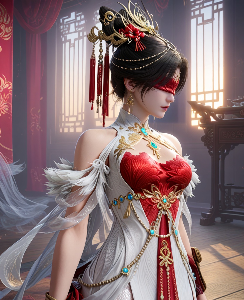 (oriental architecture, elegant decor, sophisticated style:1.1),(w arms:1.1),Anxious,(breasts:1.2),<lora:XL16永劫无间宁红叶赤皓新囍白:0.95>,miss ninghongye,white dress with red corset,blindfold,black hair,traditional chinese updo,hair ornament,earrings,jewelry,bare shoulders,, score_9,score_8_up,score_7_up,score_6_up,score_5_up,score_4_up,3d rendering,tag1,tag2, Cinematic Lighting,backlighting,