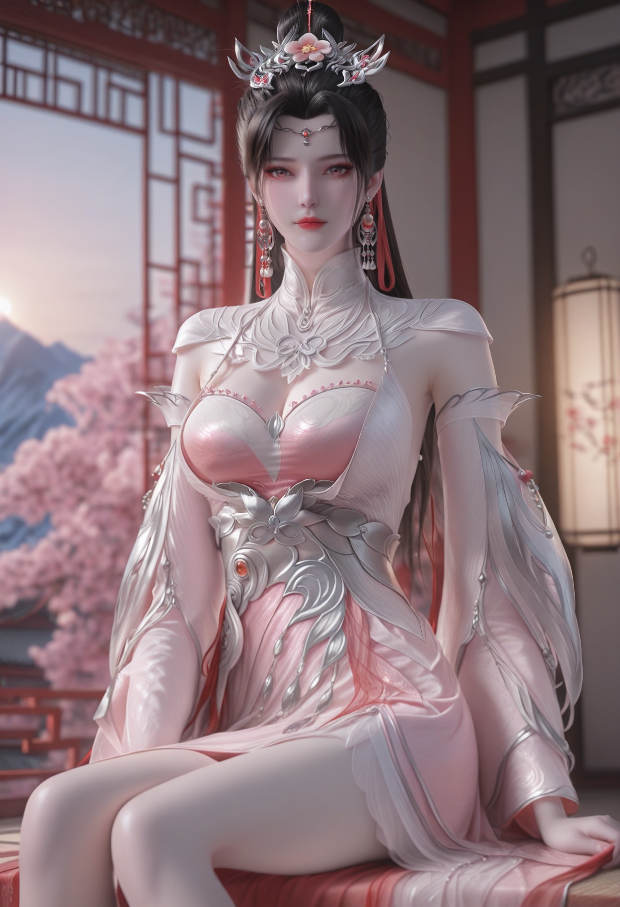 Liu_mei,1girl,bare legs,black hair,hair ornament,jewelry,hair bun,earrings,blurry background,mole under eye,makeup,hair bun,<lora:Liu_mei_10_illu-000005:0.75>,dress,white dress,pink dress,chinese clothes,long sleeves,clothing cutout,red hair ribbon,photorealistic,hyperrealistic,<lora:realistic filter [IL]:1>,(pale skin),looking at viewer,sitting,(large breasts:1.2),lantern,open window,looking at viewer,indoors,mountains,blossoms,flowers,east asian architecture,beautiful sunrise,warm ambient temperature,