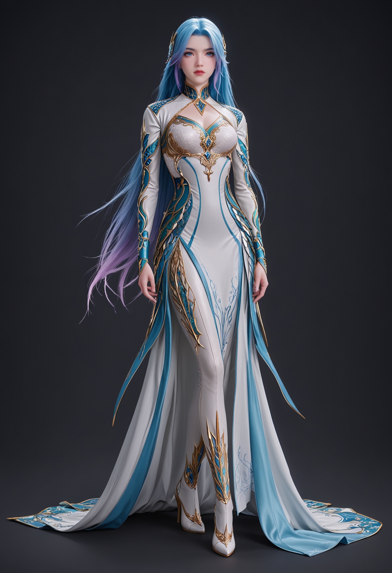 perfect_anatomy,score_9,(full_body:1.1),looking_at_viewer,<lora:YQ_pony_wangqiuer_V3:0.8>,q1528437228,1girl,solo,long hair,blue hair,blue eyes,breasts,dress,hair ornament,realistic,white dress,lips,multicolored hair,perfect_anatomy BREAK perfect_anatomy,simple background,black background,(shiny_skin),(Ivory_skin:1.1),(cinematic lighting),