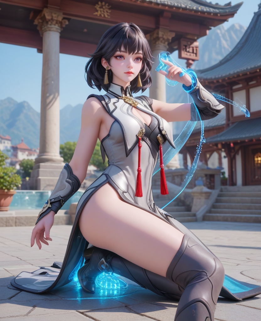 (oriental architecture, elegant decor, sophisticated style:1.1),(Tech Interaction, Interacting with a high-tech gadget or holographic display with a thoughtful expression,:1.1),(large breasts:1.2),<lora:XL16王者荣耀元流之女流:0.95>,miss yuanliuzhinv,white paired with gray dress,shrug \(clothing\),purple eyes,black hair,short hair,tassel earrings,gauntlets,high heel boots,, score_9,score_8_up,score_7_up,score_6_up,score_5_up,score_4_up,3d rendering,tag1,tag2, Cinematic Lighting,backlighting,, zPDXL3, zPDXL2,zPDXL, zPDXLxxx, zPDXLrl,