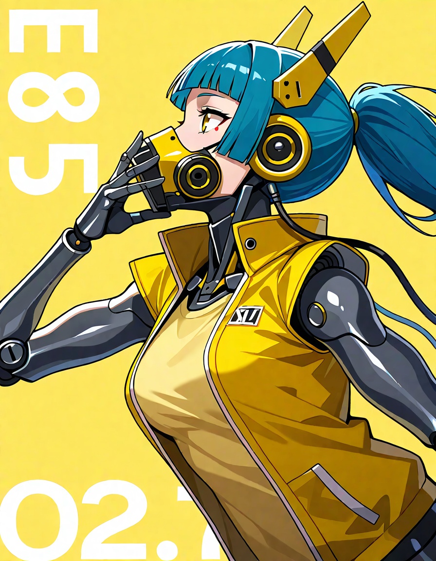 score 9,score 8 up,score 7 up,dutch angle,scenery,1girl,solo,long_hair,breasts,bangs,simple_background,shirt,medium_breasts,blue_hair,jacket,yellow_eyes,upper_body,ponytail,short_sleeves,shiny,blunt_bangs,from_side,profile,mask,headgear,yellow_background,yellow_shirt,android,joints,cable,yellow_jacket,mechanical_arms,cyborg,robot_joints,yellow_theme,cyberpunk,mechanical_parts,respirator,mechanical_ears,