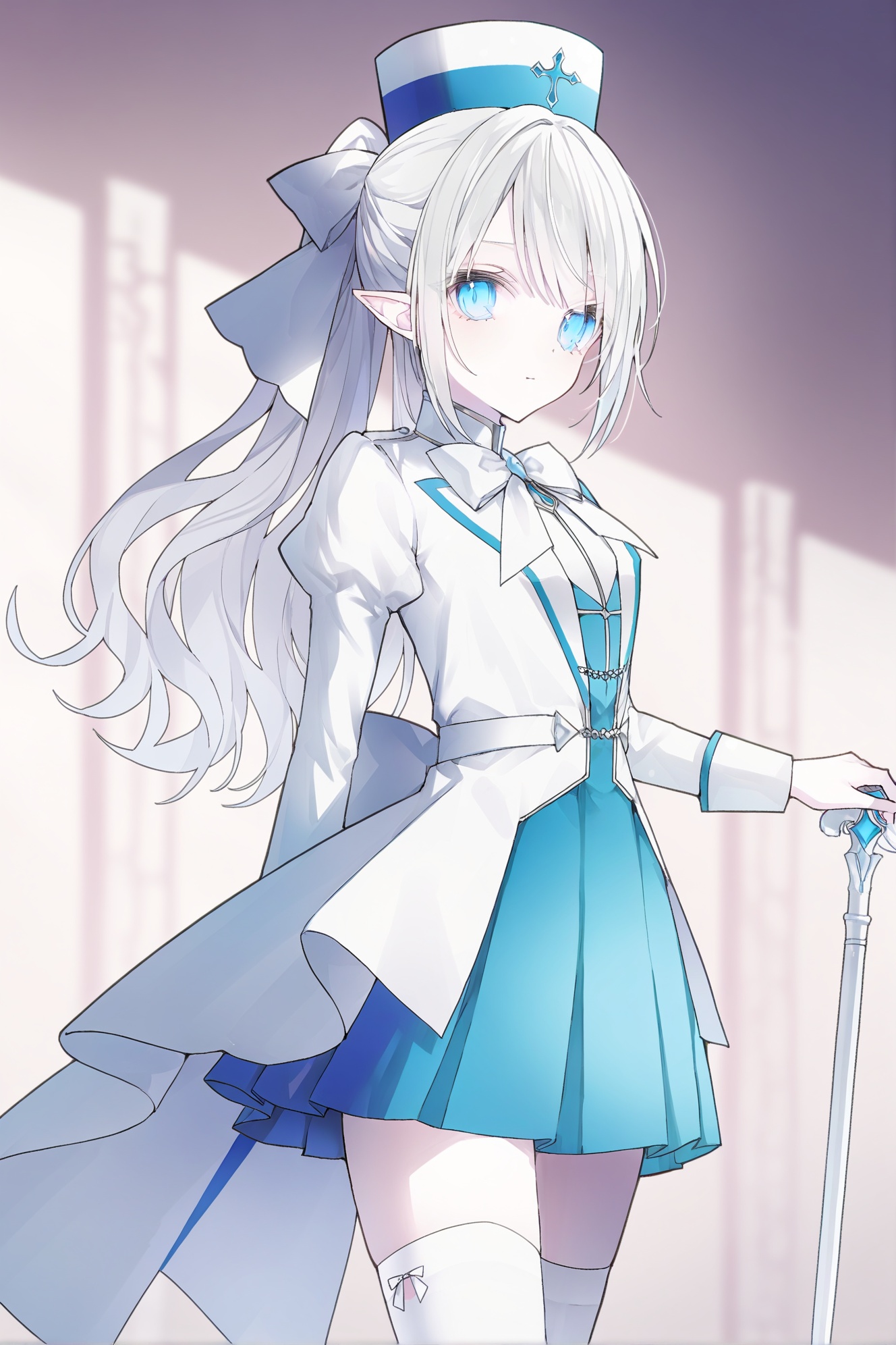 1girl, solo, thighhighs, pointy ears, skirt, blue eyes, hat, bow, looking at viewer, long sleeves, pleated skirt, blue skirt, puffy sleeves, white thighhighs, ponytail, white jacket, closed mouth, blurry background, cane, long hair, white hair, white bow, jacket, blurry, juliet sleeves