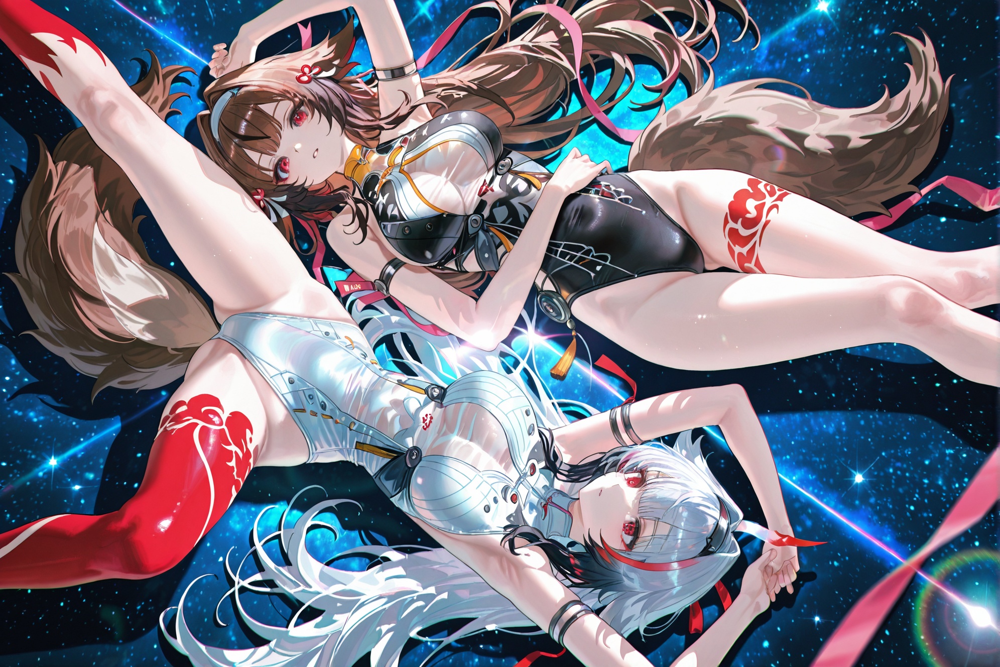 8k,best quality,masterpiece,ultra-detailed,(high detailed skin),(year 2024:0.8),flat color,artist:maidforge,artist:aqua inc.,artist:edoya inuhachi,artist:reoen,artist:fuzichoco,jijia,2d,ambient light,<lora:MAQ326——【noob】hans:0.3>,<lora:jijia-gnoobv-Tanger-000014:0.3>,flowers,(artist:quasarcake:1),(wlop:0.6),wanke,rella,(((artist:Miv4t))),in the style of fashion photography,\\\\\\\\\\\\\\,from above,2girls,lying,(rotational symmetry:1.8),feet out of frame,<lora:Ye_Shunguang-noob-Tanger-000014:0.85>,(2girls:1.2) BREAKYe Shunguang \(Zenless Zone Zero\),brown hair,brown animal ears,brown tail,(a red left thigh band tattoo),black one-piece swimsuit,guang def white hairband,red hair ribbons,1girl,long hair,breasts,red eyes,streaked hair BREAKYe Shunguang \(Zenless Zone Zero\),albino state,grey hair,grey animal ears,asymmetric red leg tattoos,extensive red left leg tattoo,single see-through horn,white one-piece swimsuit,guang white and pink hairband,red hair ribbons,1girl,long hair,red eyes BREAKblurry filter,(blurry foreground:1.2),pink_foreground,lens flare,starry background,