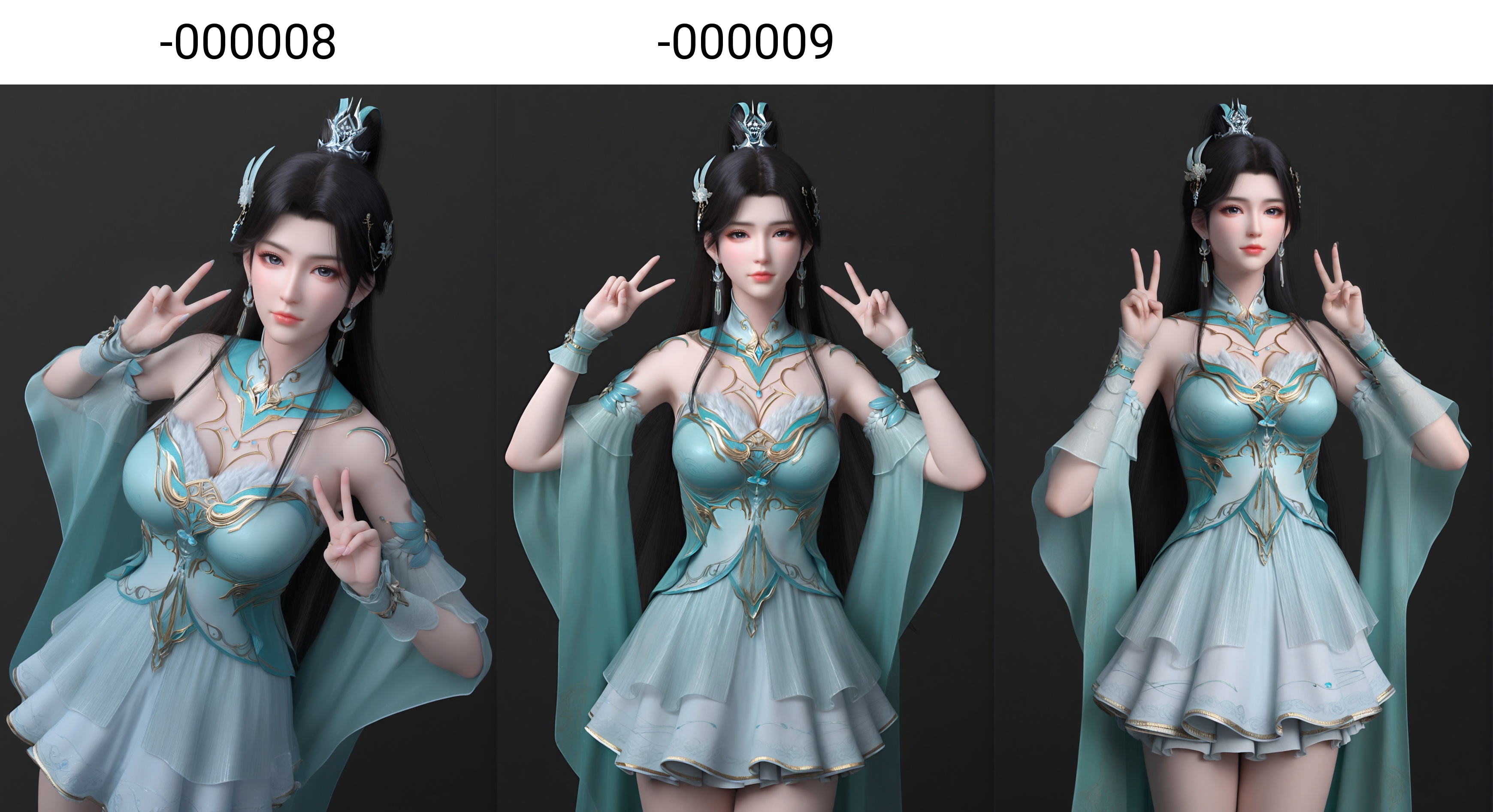 (score_9),<lora:古熏儿2-apony-000008:0.83>,guxuner,1girl,solo,long hair,hair ornament,earrings,ponytail,hair tie,black hair,jewelry,single hair bun,gold accessory,detached collar,jewelry,dress,detached sleeves,wrist cuffs,cape,bare legs,mature_female,collarbone,large breasts,cleavage,BREAK<lora:Expressive_H-000001:0.8>,light blush,Expressiveh,looking at viewer,front view,standing,(double v),dutch angle,dynamic_angle,<lora:e肤色滑块:0.25>,fair_skin,(pale skin),ultra-detailed skin texture,detailed textures,<lora:皮肤凹痕:1.2>,BREAKsimple background,black background,<lora:e色温:0.25>,4K ultra HD,sharp focus,high detail,high contrast,