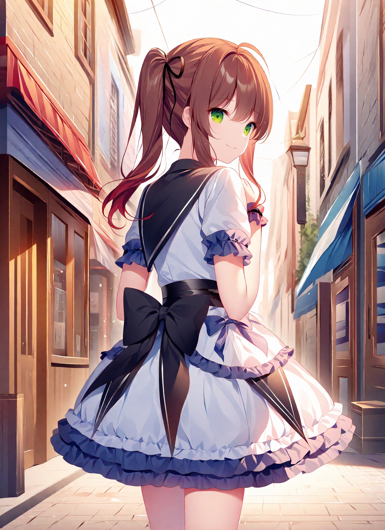 (masterpiece), (best quality), illustration, ultra detailed, hdr, Depth of field, (colorful), [rimuu,sheya,himitsu \(hi mi tsu 2\), ] Renne(lo), frilled dress, frills,1girl,side ponytail,hair ribbon,brown hair,green eyes,smile,teenage, standing,street,from behind, <lora:RenneloXLAni3:1>