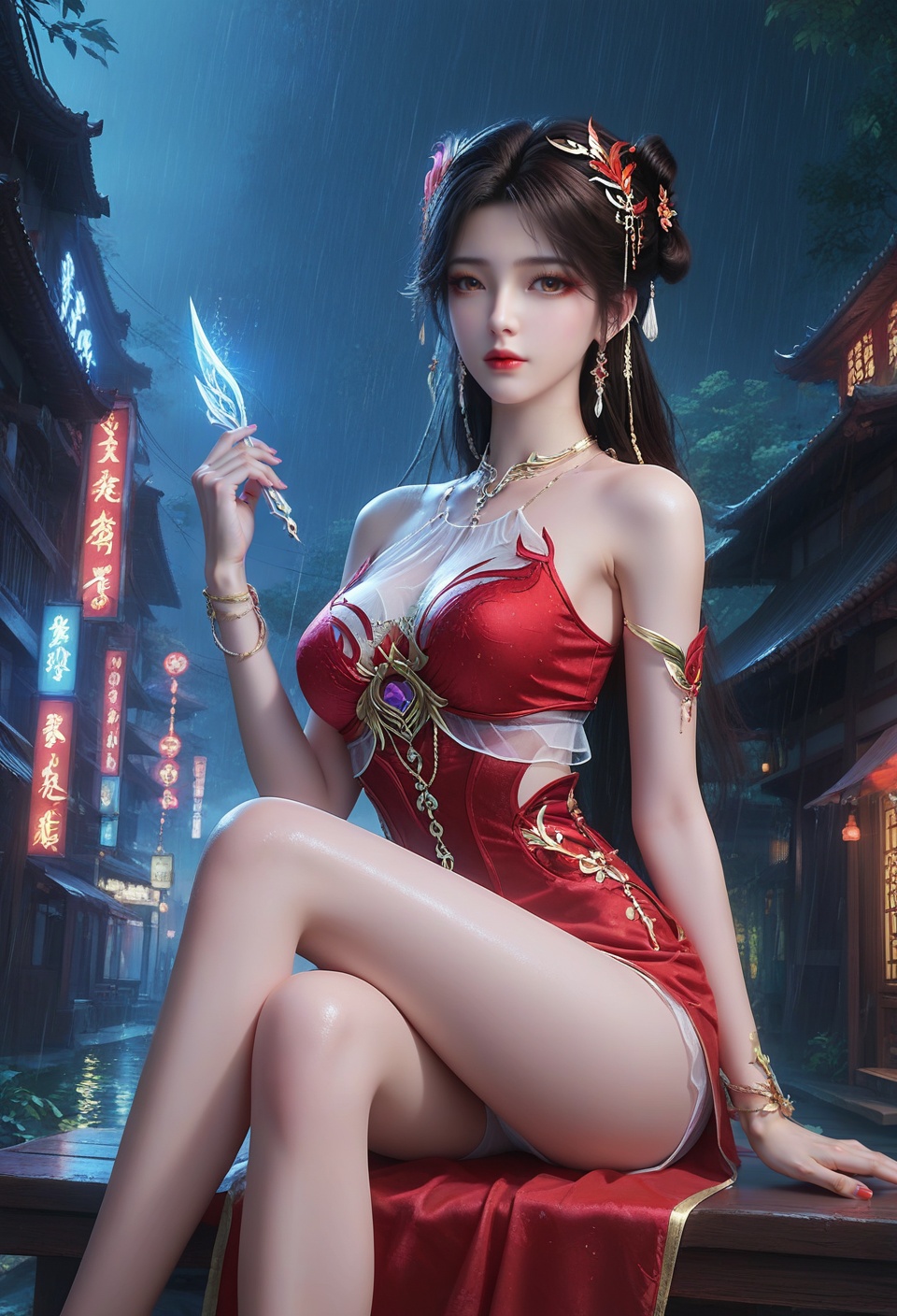 score_9,score_8_up,score_7_up,break.,china dlrb,China girl,mole,1girl,solo,looking at viewer,(sedimentary layer contrast:1.4@z0.7-1.0),black hair,bare legs,pov,from side,(nm style),1girl,solo,looking at viewer,magic forest,facial,ambient lighting,(girl at x0,y1:1.4),fairy,(rain (ambient atmosphere) beyond z0.7:1.6),(neon lights details:1.3@z0.7-1.0),neon lights,vampire,china,outfit,long dress,boxer white leggings,<lora:18完美世界火灵儿红裙:0.8>,