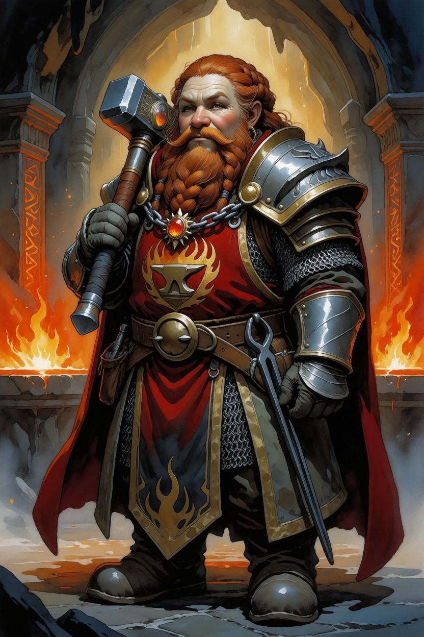 detailed gouache painting featuring a female D&D fantasy character,  a mountain dwarf Forge Domain cleric standing before...