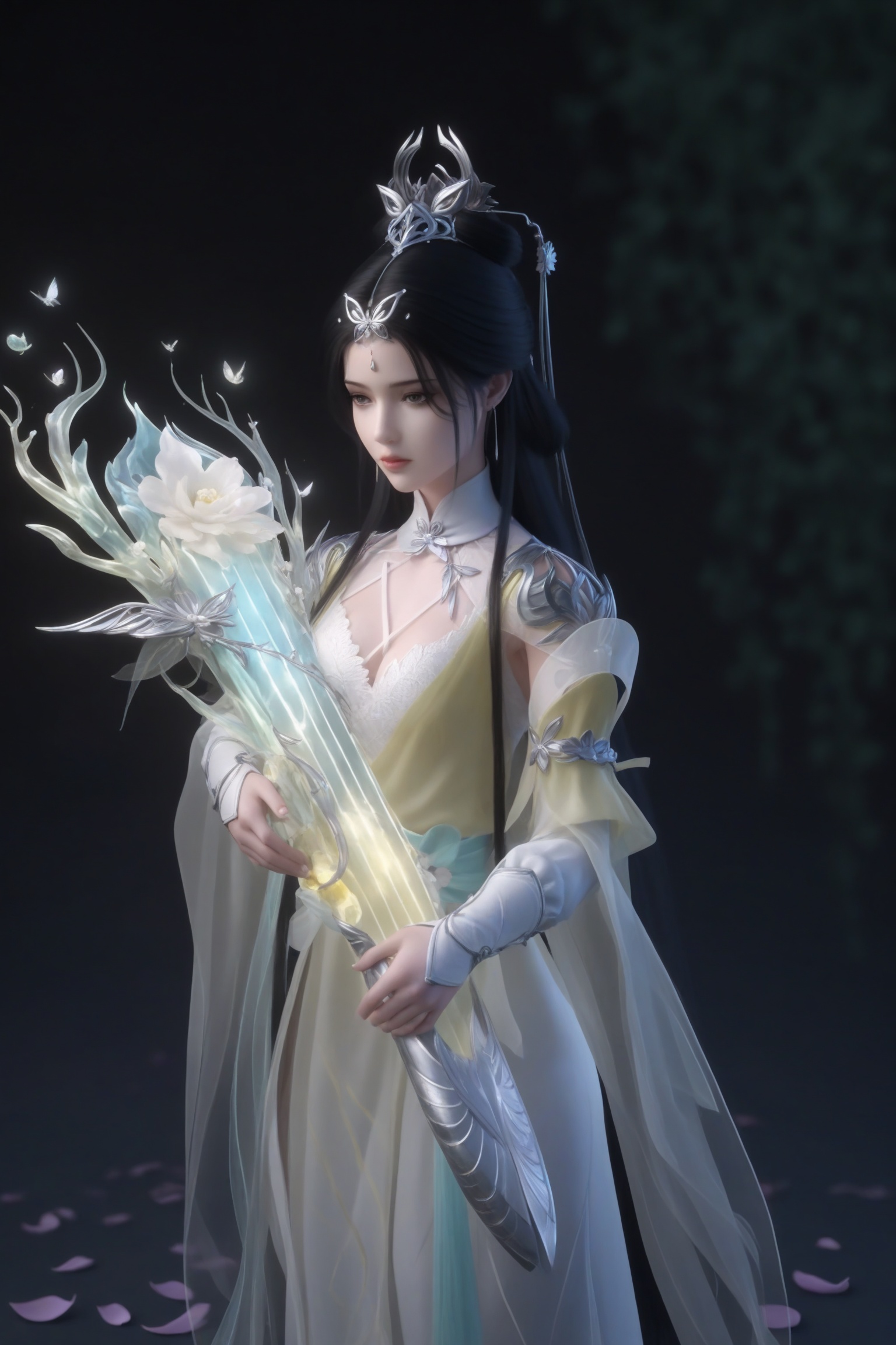 breasts,black background,diablo style,dark,surreal,photorealistic,1girl,beautiful_detailed_eyes,masterpiece,best quality,cinematic lighting,ethereal,a Fallen Saint in sarashi,standing alone in a ruined garden,the once-vibrant flowers now wilted and dying,their petals scattered on the cold,cracked earth. A single,pale light shines from above,casting an eerie glow on her face,her eyes filled with deep sorrow and regret. She holds a broken sword in her hand,the symbol of her past glory now tarnished and shattered. The darkness is encroaching,but the faint light offers a bittersweet reminder of what once was.,<lora:新天龙八部-曼陀山庄-王语嫣-ILL-买断:0.7>,1girl,long,jet-black hair,elaborate updo,silver crown,floral hairpins,