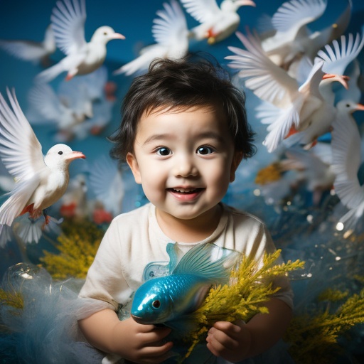 1boy,masterpiece,best quality,In the sky,there are birds flying around him,beautiful face,disney,children's photo,children's photography,Bright light,ripple,Dreamy clouds,Surrounding birds,Surrounding fish，Surrounding birds, <lora:20240513-1715569931489:0.8>