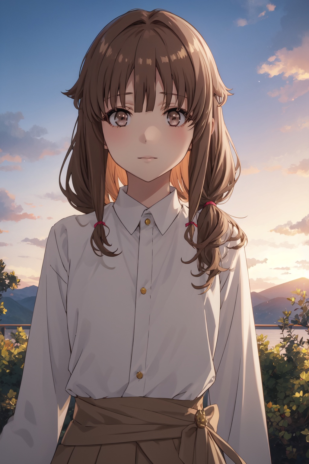 <lora:Kaede-000015:0.8>,Kaede CYQL,1girl,looking at viewer,solo,brown_hair,long_hair,bangs,brown_eyes,twintails,Linen blend button-down sundress with a cinched waist,tearing_up,upper_body,Sunset, Vineyard, Grapes, Sky, Colors, Horizon, Serenity, Harvest,(Lavender rows, Sunset glow, Fragrant air, Golden hues, Lavender harvest, Provencal charm:0.5),beautiful detailed sky,beautiful detailed glow,posing in front of a colorful and dynamic background,masterpiece,best quality,beautiful and aesthetic,contrapposto,female focus,wallpaper,