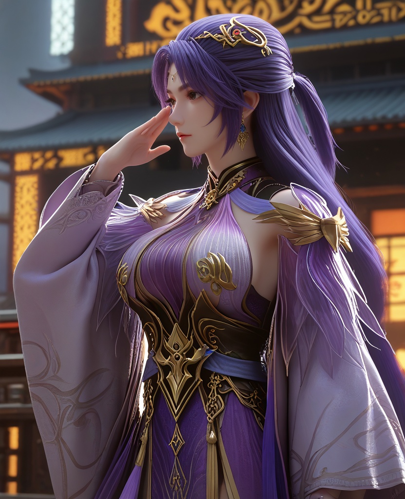 (saluting:1.1),(large breasts:1.2),<lora:XL16云深不知梦叶青梧:0.95>,miss yeqingwu,violet panel dress,purple hair,half-up ponytail style,long hair,hair ornament,earrings,jewelry,wide sleeves,sash,, score_9,score_8_up,score_7_up,score_6_up,score_5_up,score_4_up,3d rendering,tag1,tag2, Cinematic Lighting,backlighting,