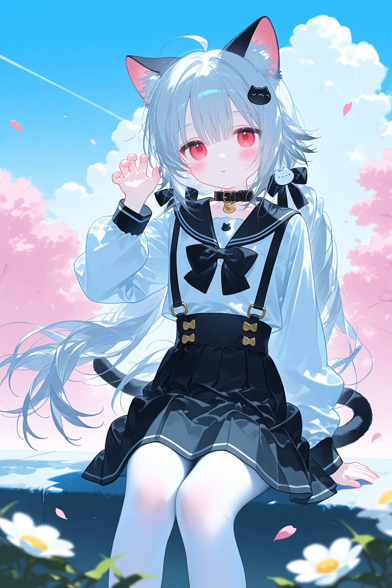 konya666,1girl skirt cat solo shirt animal ears outdoors long hair white shirt sky hair ornament cloud red eyes day black skirt long sleeves bangs twintails x hair ornament white pantyhose animal ear fluff blush bow cat ears blue sky pantyhose sailor collar very long hair closed mouth black sailor collar black bow hand up white hair high-waist skirt hair between eyes blurry foreground sitting collar cat girl petals animal bowtie black collar white cat flower low twintails looking at viewer grey hair floating hair cloudy sky feet out of frame pleated skirt blurry tail black bowtie wind small breasts cat hair ornament parted lips puffy long sleeves cat tail school uniform choker depth of field breasts from below hair bow contrail looking away suspender skirt puffy sleeves serafuku looking at animal buttons ahoge arm up mutated hands poorly drawn hands mutated hand and finger fused fingers too many fingers missing fingers