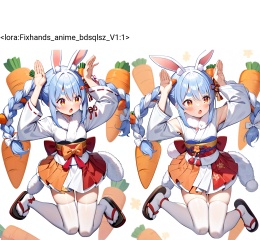 1girl, usada pekora \(new year\), hololive,  full body, miko, long sleeves, looking away, rabbit pose, solo, standing, blue hair, :o, white thighhighs, rabbit ears, hands up, ribbon-trimmed clothes, white hair, carrot background, carrot hair ornament, white background, hairclip, hair ornament, eyelashes, sandals, double bun, red eyes, obi, animal ears, hair between eyes, hair bun, rabbit-shaped pupils, short eyebrows, rabbit tail, zouri, bow, virtual youtuber, ribbon trim, thighhighs, simple background, long hair, tail, food-themed hair ornament, open mouth, orange bow, symbol-shaped pupils, rabbit, braid, animal ear fluff, multicolored hair, legs apart, sash, thick eyebrows, japanese clothes, two-tone hair, very aesthetic, masterpiece, best quality, absurdres, sensitive <lora:Fixhands_anime_bdsqlsz_V1:1>