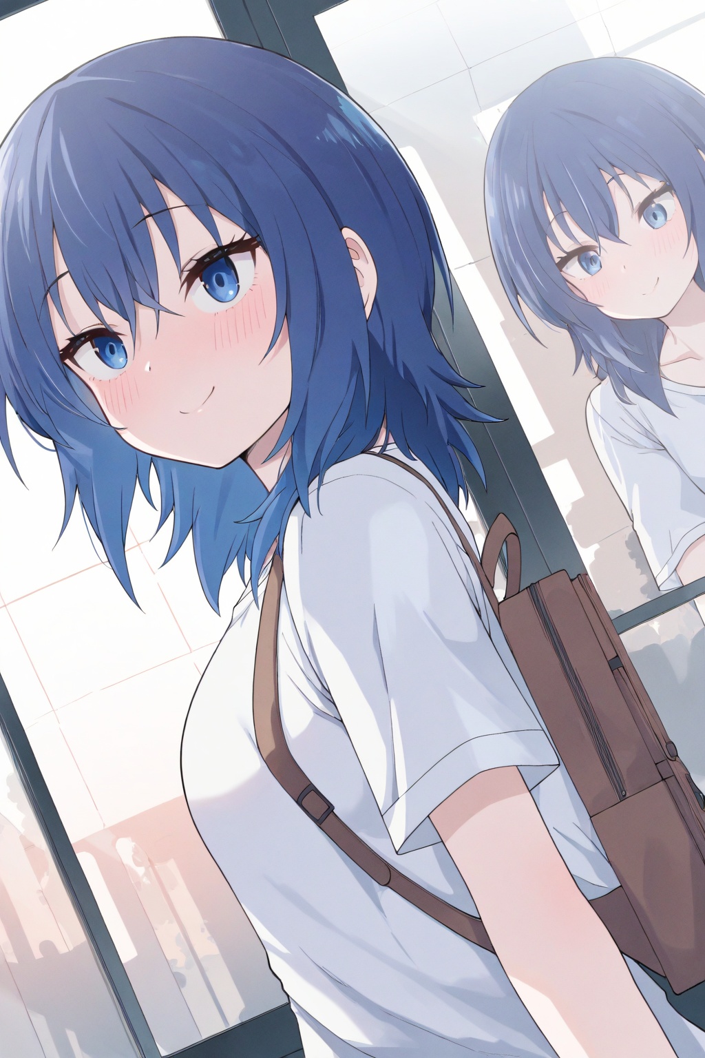 (masterpiece:1.1),(best quality:1.1),dynamic_angle,(extremely delicate and beautiful:1.1),(huge filesize:1.1),(Noise and grain:1.1),(amazing quality:1.1),Chika Suzugamori,blue eyes,blue hair,bag,1girl,smile,backpack,closed mouth,shirt,white shirt,reflection,blush,solo,<lora:journey-000004:0.7>,<lora:konya666:0.2>,<lora:通透世界:0.2>,<lora:crisp8:0.2>,<lora:aaa轻水彩_しょくむら_noob:0.2>,