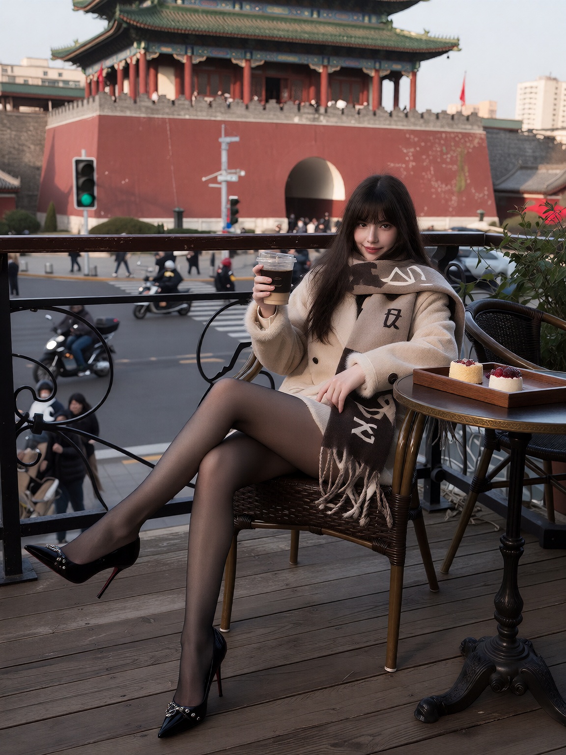 画面中心是一位黑长直发与齐刘海的年轻女性,  肤色白皙,  妆容甜美 on Tensor.Art