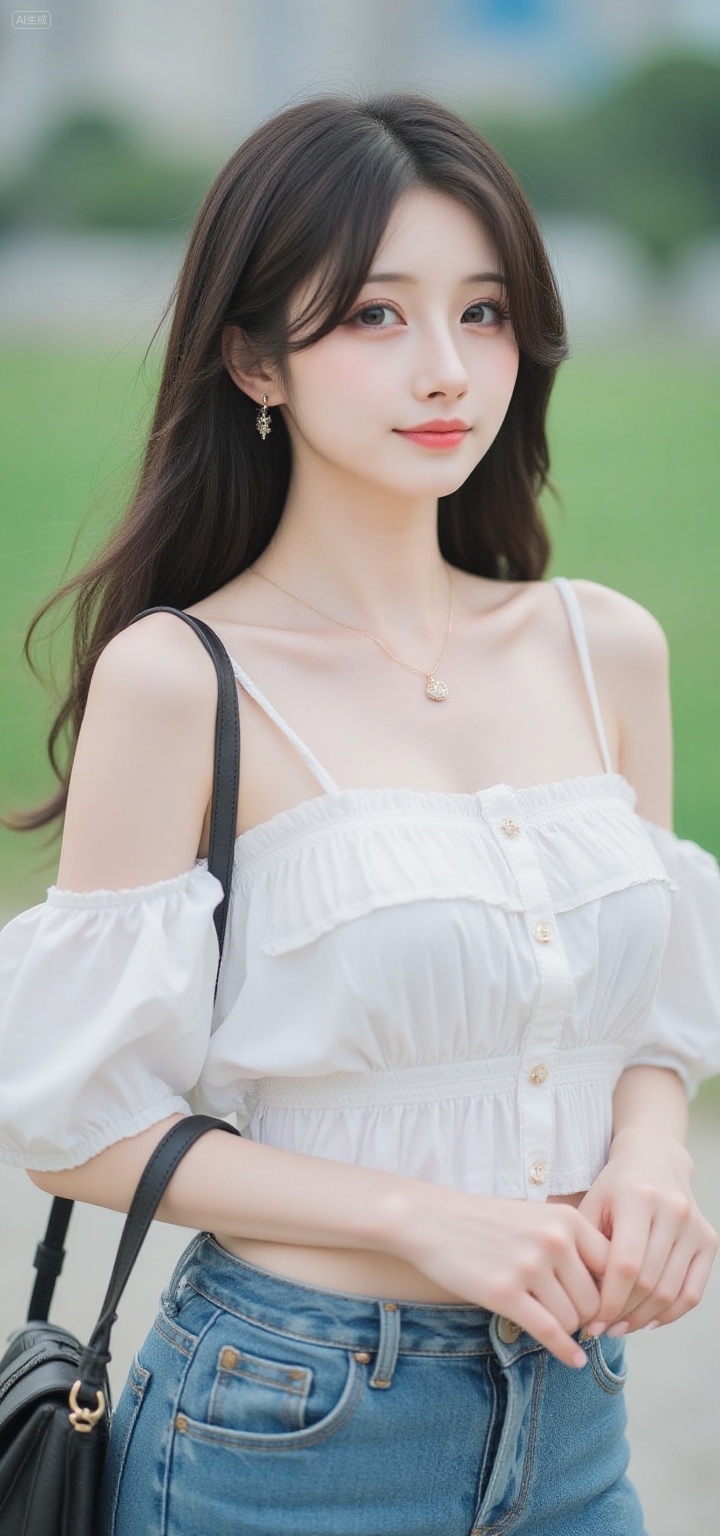 1girl,solo,long hair,handbag,bag,jewelry,denim,brown hair,looking at viewer,blurry background,blurry,necklace,own hands together,earrings,outdoors,jeans,breasts,lips,shoulder bag,off shoulder,cowboy shot,black hair,, Negative prompt: ng_deepnegative_v1_75t,(badhandv4:1.2),EasyNegative,(worst quality:2),,nsfw, Steps: 20, Sampler: Euler, CFG scale: 3.5, Seed: 3542862885, Size: 720x1536, Model hash: 49fe535dad, Model: 星梦·电影&电视剧_Film_fp8.safetensors, Denoising strength: 0, RNG: CPU, Lora 1: F.1极致摄影-温柔之夜, Lora Hash 1: 8f769d7d13, Lora Weight 1: 0.8, vae_name: automatic