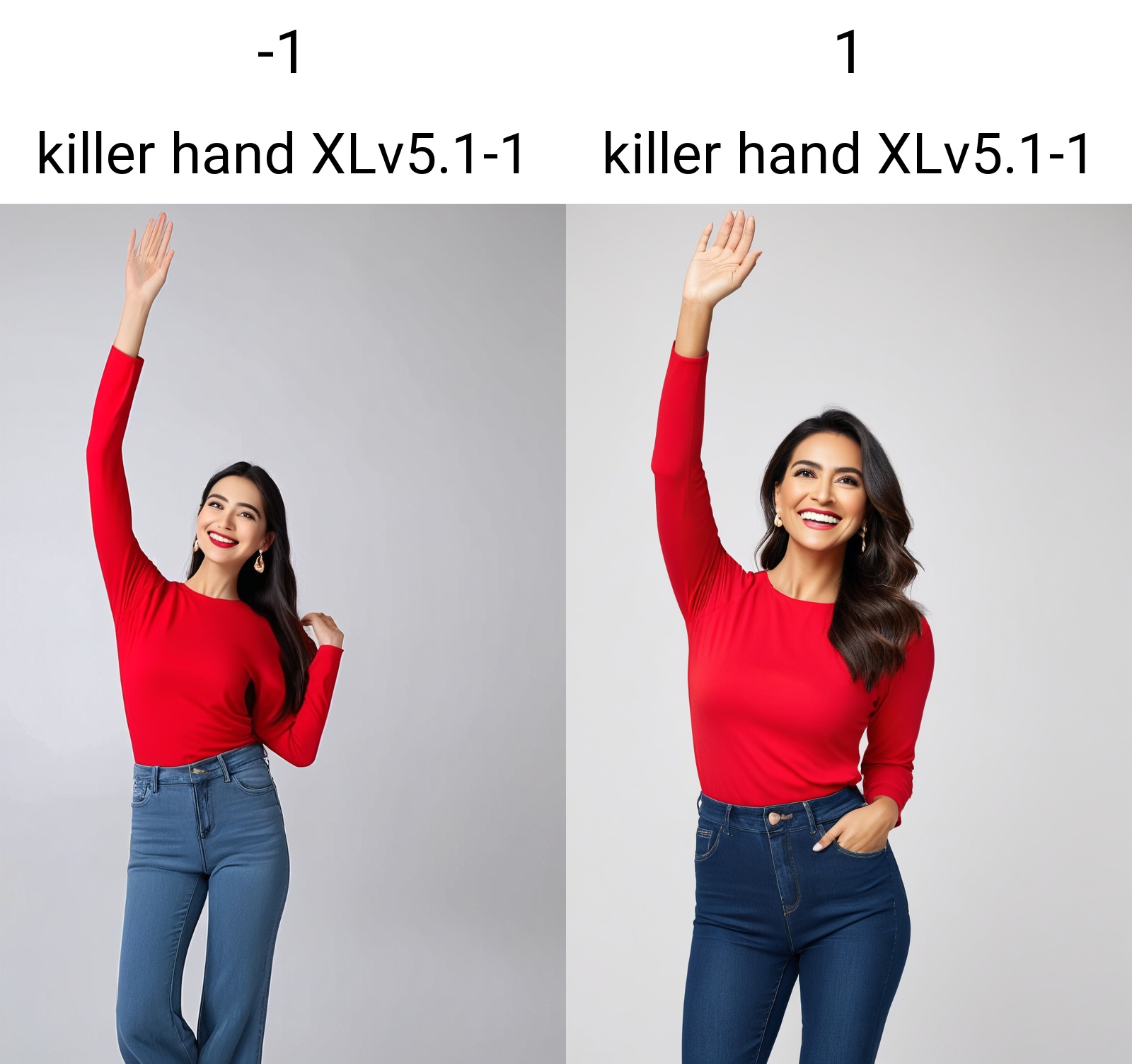 At the center of the frame is a vibrant woman standing before an immaculate white background. She's dressed in a vivid red top paired with dark fitted pants. Her right hand is raised high,palm up,as if welcoming or inviting something. Her left hand hangs naturally,fingers slightly spread. Her face radiates with a brilliant smile,eyes sparkling with excitement. Her entire posture speaks of enthusiasm and openness.,<lora:killer hand XLv5.1-1:-1>,
