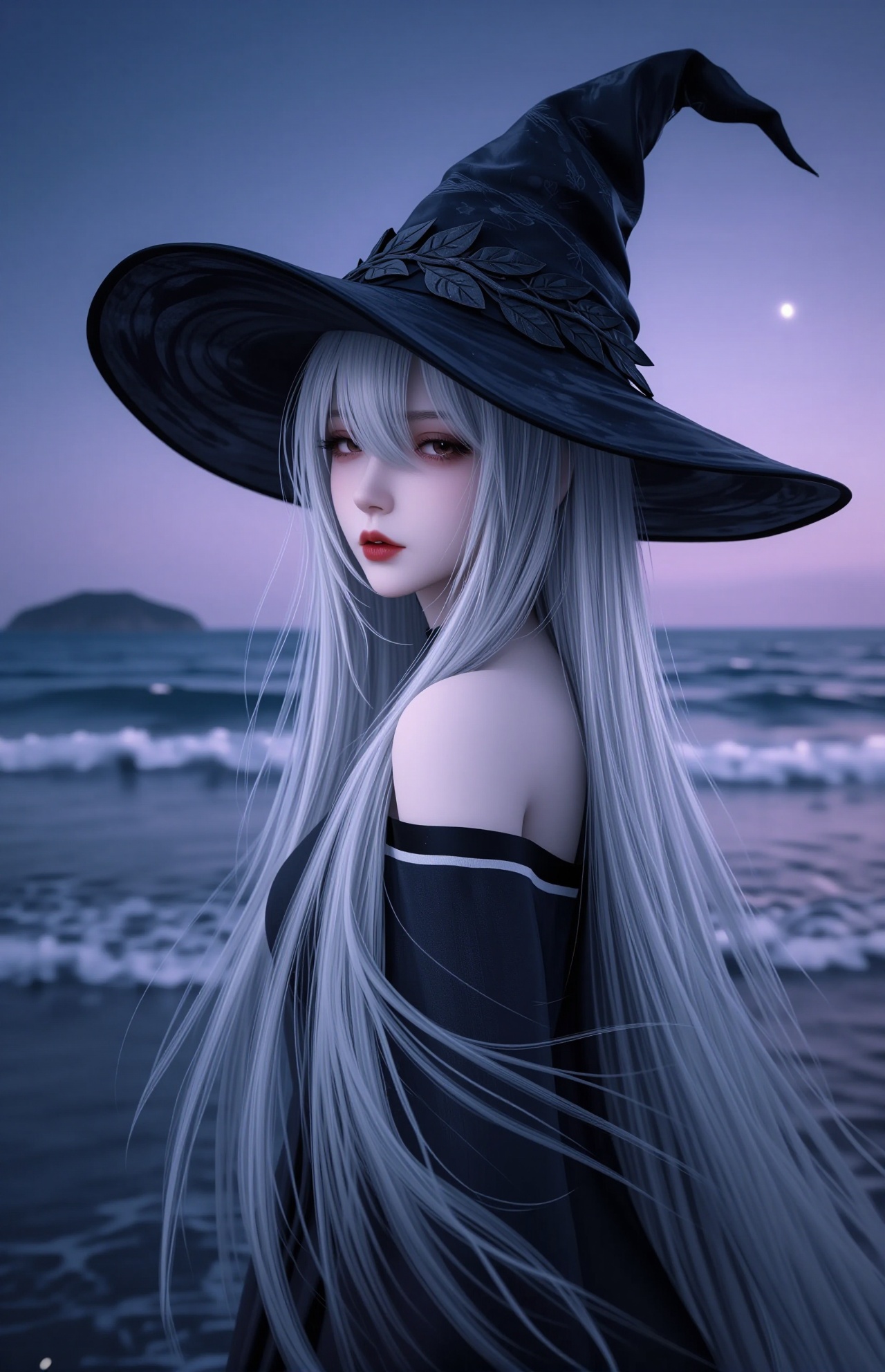 YY Anime style,This is a digital artwork featuring a young woman with long, silver-white hair standing on a misty beach at dusk. She is wearing a large, black witch hat adorned with a decorative leaf pattern and a black, off-shoulder top with white stripes near the sleeves. Her pale skin contrasts with her dark clothing and hat. She has a delicate, almost ethereal facial structure with sharp, defined features and pale red lips. Her eyes are slightly downcast, giving her a pensive expression. The background shows a calm ocean with gentle waves, a distant, hazy island on the left, and a faintly visible horizon. The sky is a gradient of dark blue to purple, with a small, glowing moon on the right. The overall color palette is cool, dominated by blues and purples, with a soft, magical ambiance. The texture of the ocean and sky is smooth, while the woman's hair appears silky and flowing. The image has a fantasy or magical realism style, with a focus on atmospheric mood and character design.