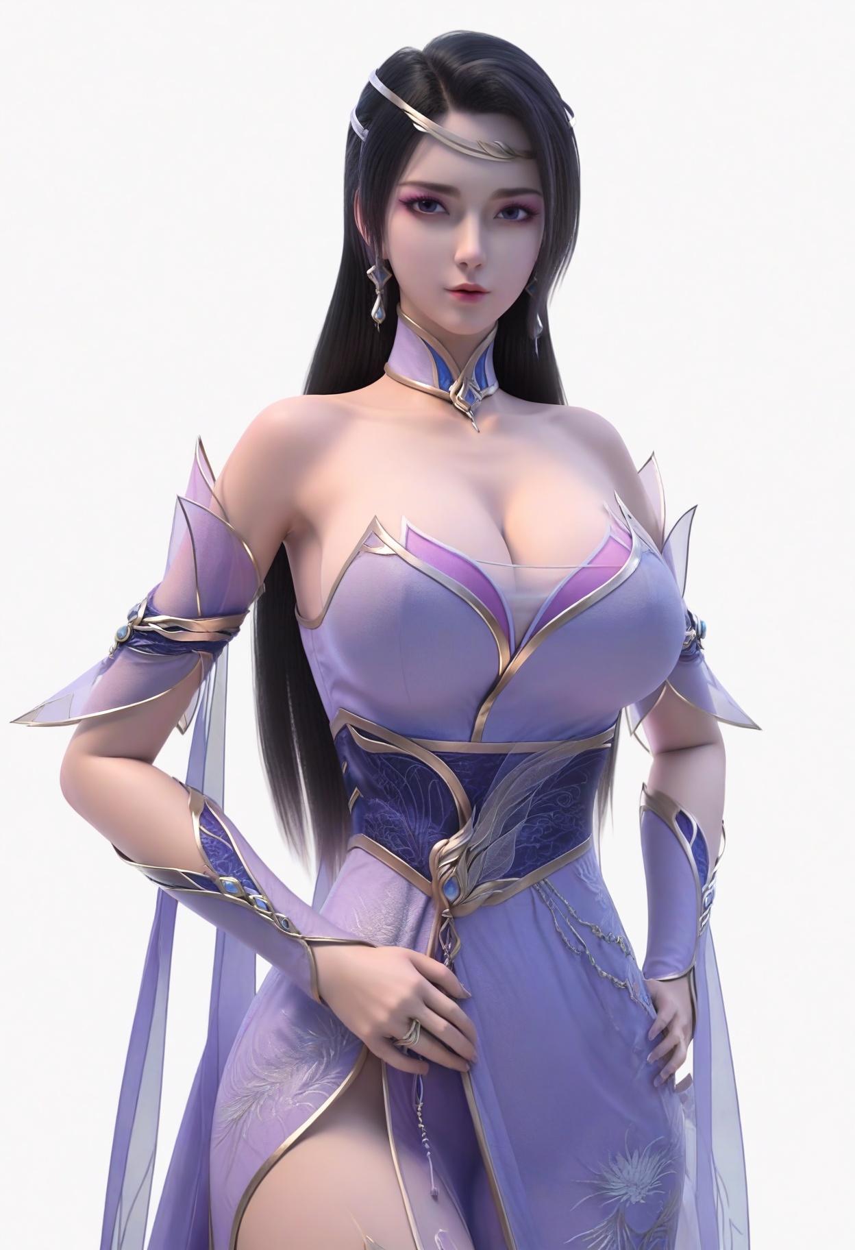 score_9,<lora:SF_ChuLingYu_Pony_Realism2.3-000004:0.7>,hair ornament,black hair,dress,long hair,eyeshadow,1girl,breasts,large breasts,dress,detached sleeves,solo,looking at viewer,white background,simple background,