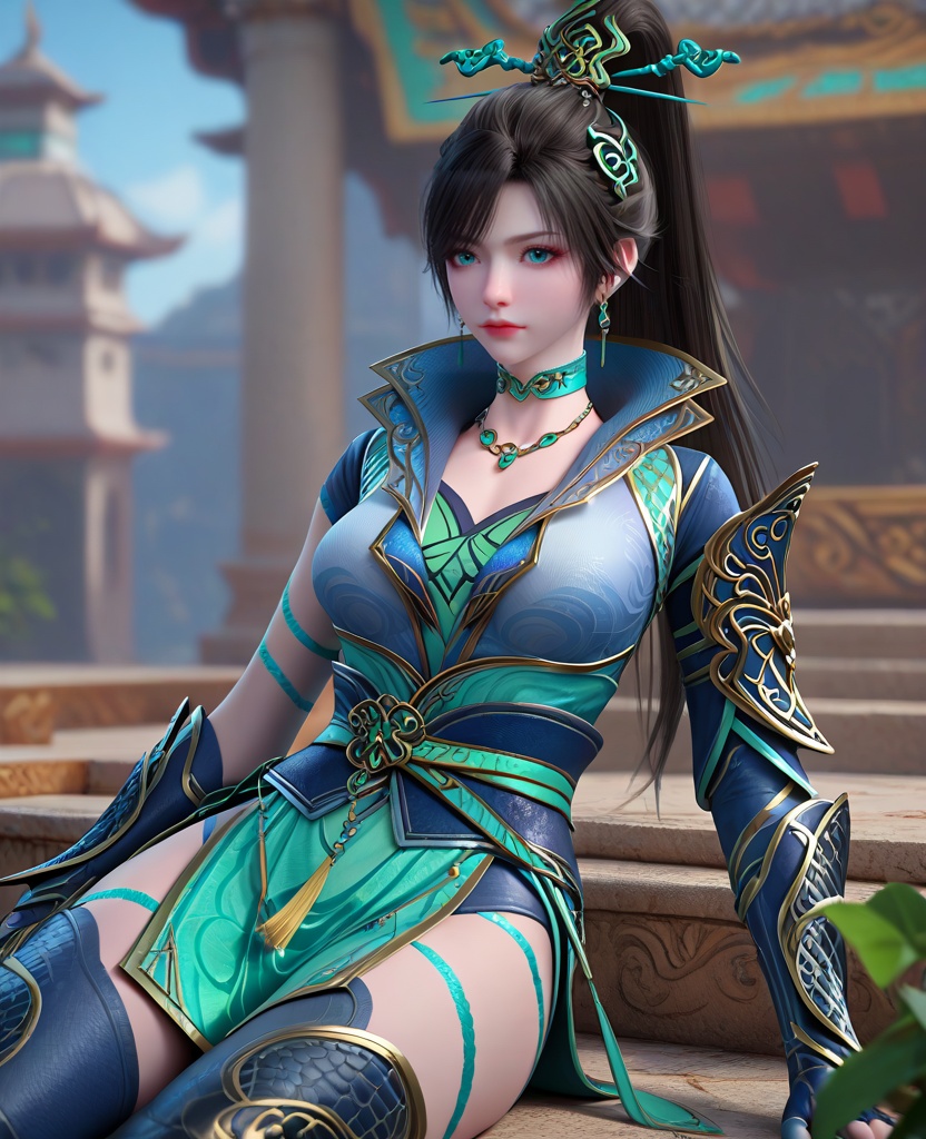 (oriental architecture, elegant decor, sophisticated style:1.1),(reclining:1.1),looking at viewer,(breasts:1.2),<lora:XL16斗破苍穹青鳞:0.95>,miss qinglin,blue gray jacket,cyan camisole,blue eyes,black hair,super long ponytail,hair ornament,earrings,jewelry,choker,spiral sigil,fingerless gloves,sash,blue gray cutout legging,black boots,cyan fart curtain,cyan pelvic curtain,, score_9,score_8_up,score_7_up,score_6_up,score_5_up,score_4_up,3d rendering,tag1,tag2, Cinematic Lighting,backlighting,, zPDXL3, zPDXL2,zPDXL, zPDXLxxx, zPDXLrl,
