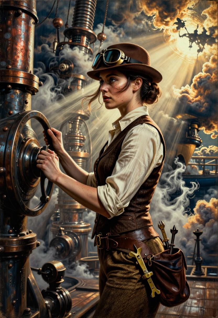 Defiant young woman amidst the brass-and-iron chaos of a sprawling airship deck – captured in a moment of quiet intensity....