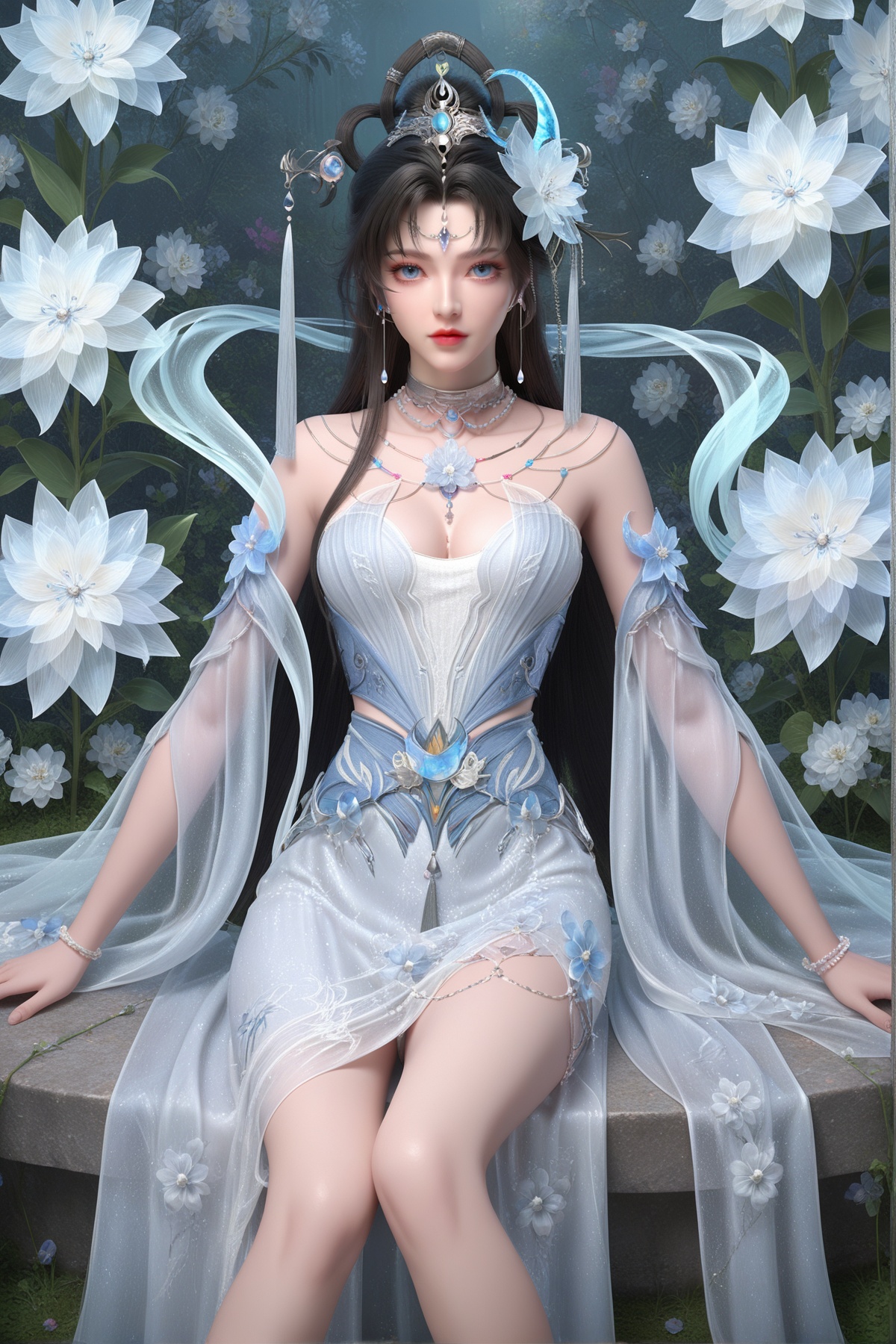 score_9,score_8_up,score_7_up,<lora:wy_yaoyuegongzhu_XLcs:0.8>,1girl,long hair,breast,medium breast,earrings,hair_ornament,dress,blue eyes,black hair,white_dress,thick_thighs,sitting,flower,many flowers,very many flowers,on_ground,wetting,dark,from_above,