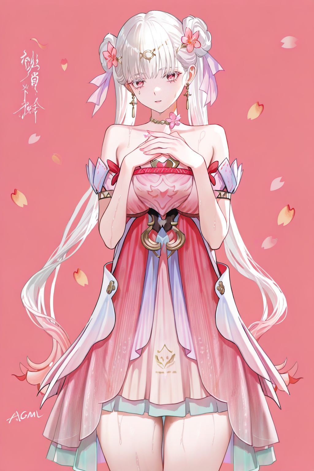 masterpiece,best quality,((artist:reoen),(artist:fuzichoco),(artist:atdan),(artist:torino_aqua:0.5),year 2024:0.5),(artist:omone_hokoma_agm:0.8),<lora:jijia-gnoobv-Tanger-000014:0.7>,<lora:jxnew-noob-Tanger-000014:0.8>,jinhsi,jinhsi \(peach blossom\) \(wuthering waves\),(clothes:peach blossom pink dress,alternate costume,bare shoulders:1.2),flower-shaped pupils,1girl,hair ornament,hair jijia,2d,anime,1girl,breasts,solo,looking at viewer,bangs,large breasts,simple background,pink background,cowboy shot,hands on own chest,thighs,sweat,