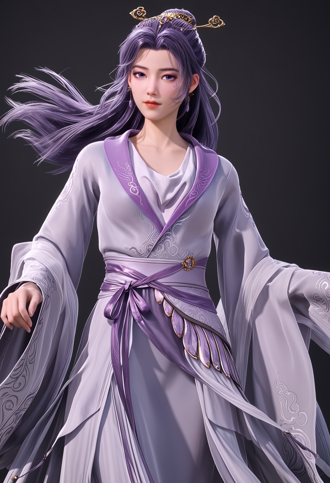 (cowboy shot:1.2),(masterpiece:1.1),(best quality:1.2),(intricate details),(looking at viewer:1.1),facing viewer,direct gaze,<lora:YQ_pony_yunxiaoxianzi2.0_V5:0.8>,q1528437228,1girl,solo,long hair,purple hair,purple eyes,hair ornament,chinese clothes,dress,jewelry,earrings,hair stick,long sleeves,sash,facial mark,single hair bun,wide sleeves,blue eyes,boots,black hair,shawl,BREAK simple background,pure black background,black background,perfect anatomy,