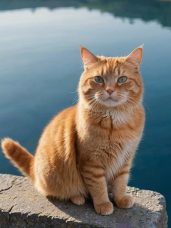 photo of a chubby orange cat sitting on the edge of a blue lake, shot from high angle, under hard light
