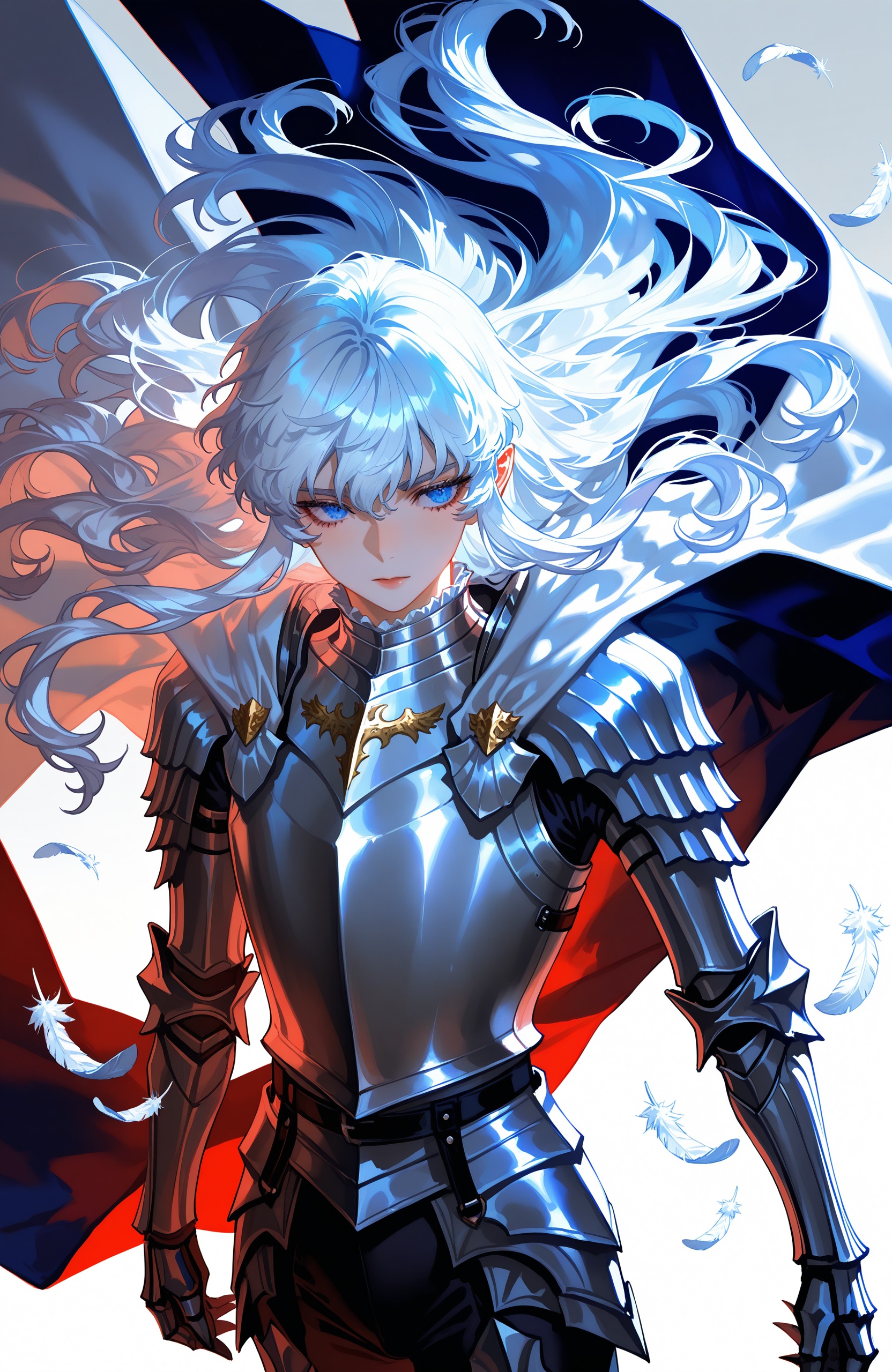 Griffith (berserk),long hair,male focus,armor,white hair,1boy,wavy hair,blue eyes,feathers,extreme aesthetic,(quasarcake:0.7),masterpiece,best quality,good quality,newest,year 2024,year 2023,very aesthetic,absurdres,A shot with tension,(Visual impact,giving the poster a dynamic and visually striking appearance:1.2),impactful picture,offcial art,colorful,splash of color,movie perspective,