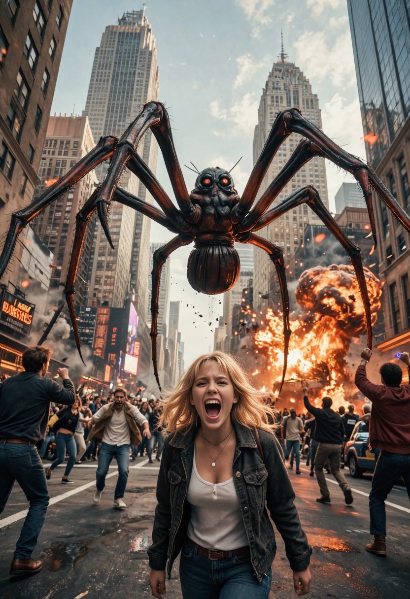 giant spider attacking the city of new york,  crowds in panick running of the monster,  flames on Tensor.Art
